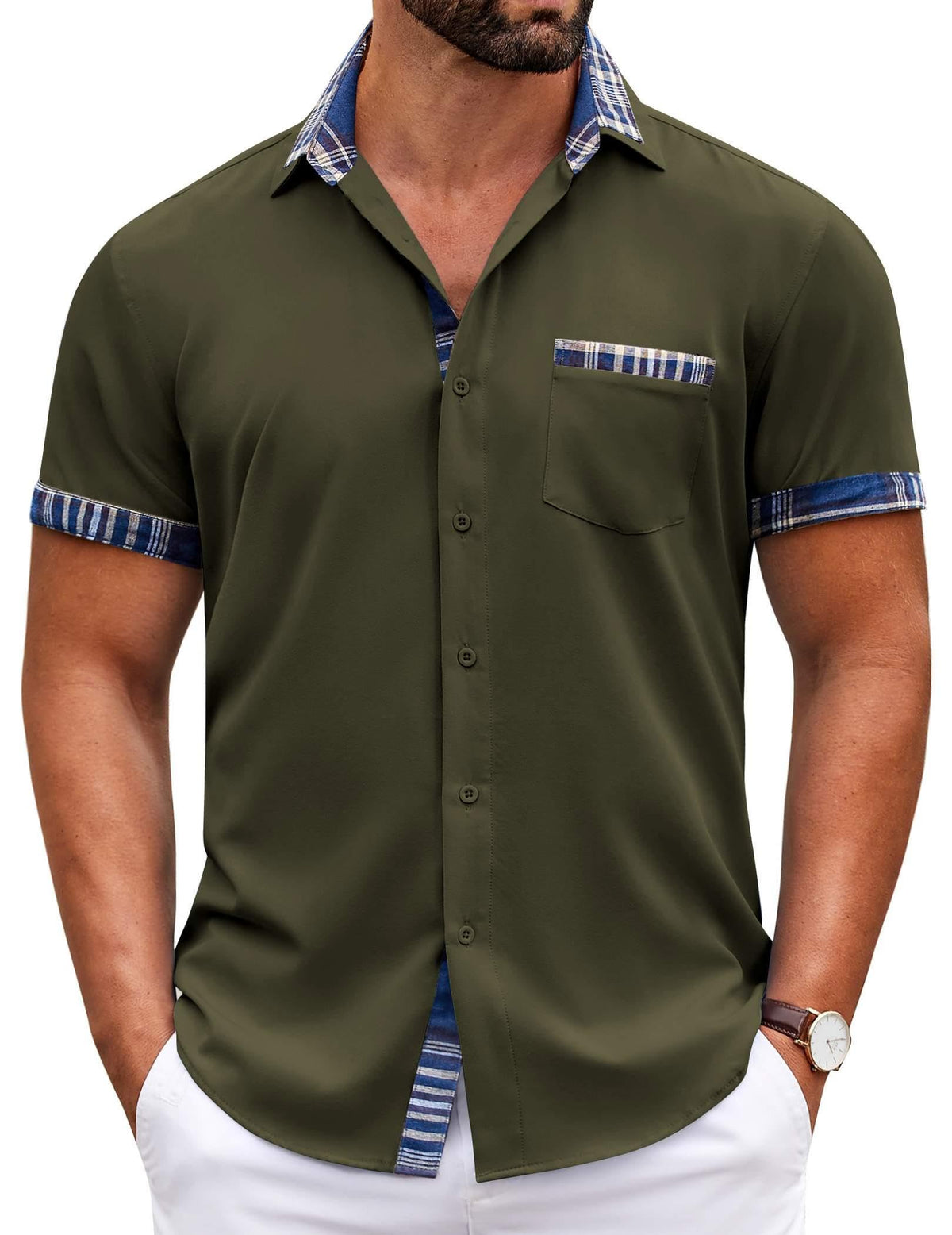 COOFANDY Mens Short Sleeve Button Down Shirts Casual Wrinkle Free Dress Shirt Plaid Collar Summer Shirts
