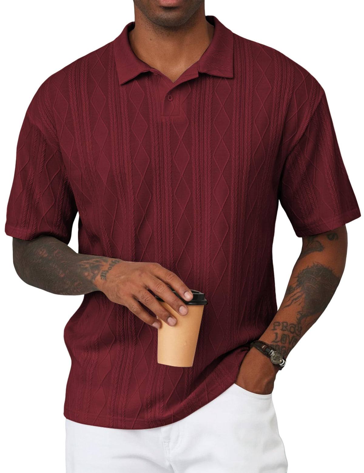 JMIERR Mens Polo Shirt Textured Knit Button Casual Short Sleeve Summer Vacation Beach Stretchy Golf Shirts