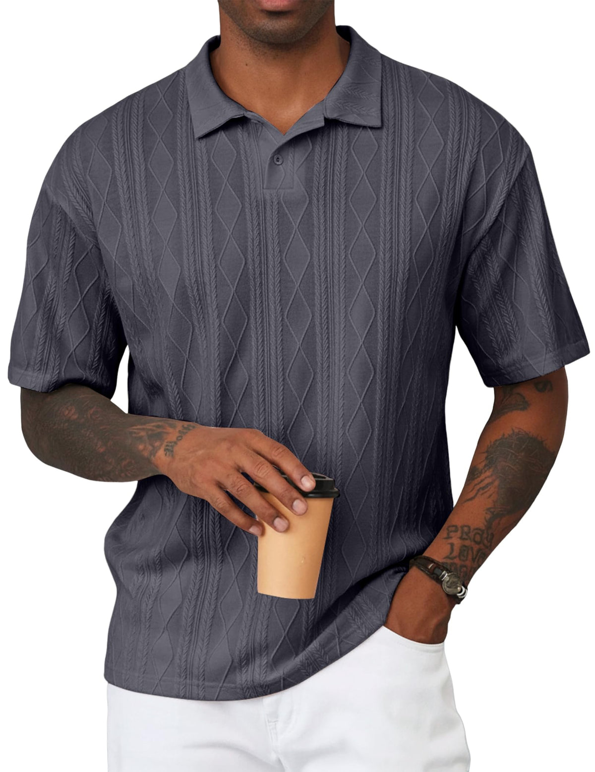 JMIERR Mens Polo Shirt Textured Knit Button Casual Short Sleeve Summer Vacation Beach Stretchy Golf Shirts