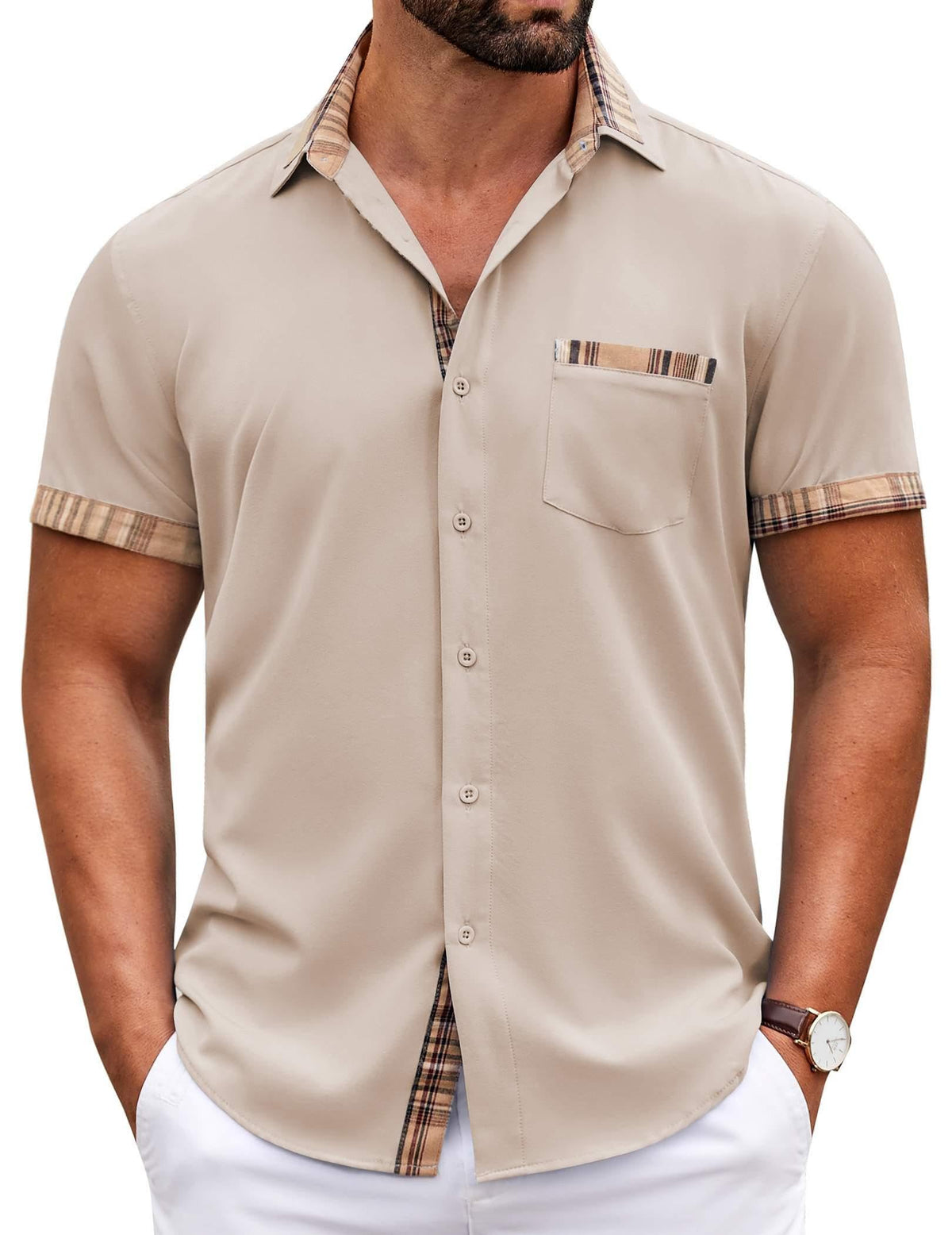 COOFANDY Mens Short Sleeve Button Down Shirts Casual Wrinkle Free Dress Shirt Plaid Collar Summer Shirts