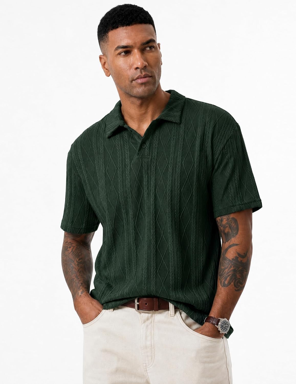 JMIERR Mens Polo Shirt Textured Knit Button Casual Short Sleeve Summer Vacation Beach Stretchy Golf Shirts
