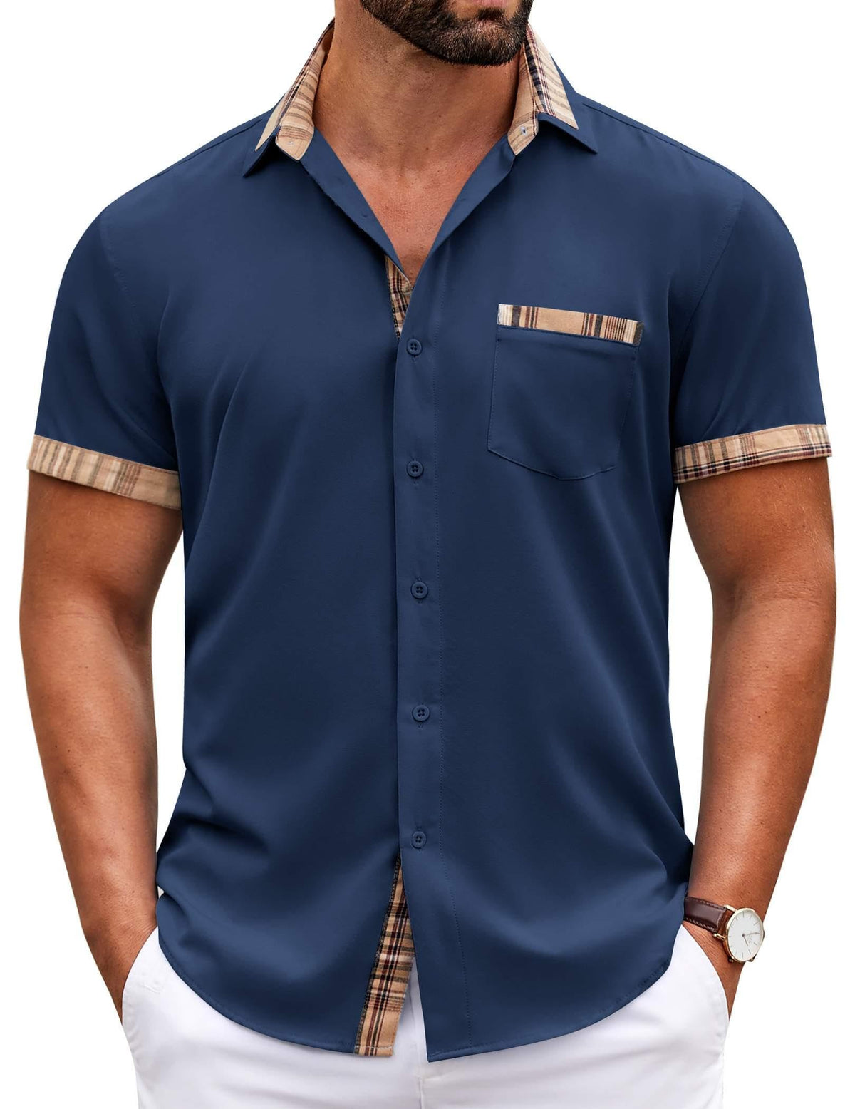 COOFANDY Mens Short Sleeve Button Down Shirts Casual Wrinkle Free Dress Shirt Plaid Collar Summer Shirts