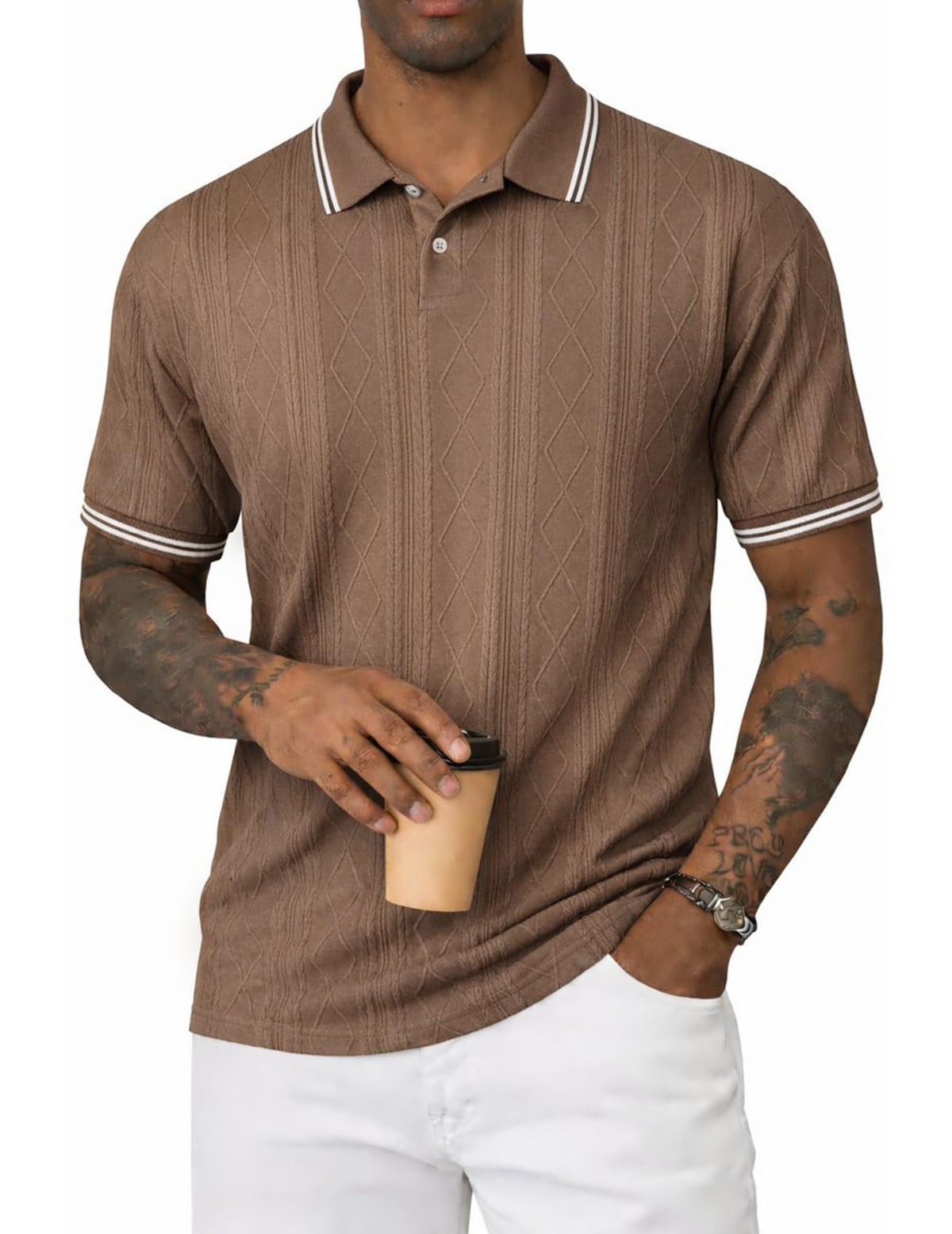 JMIERR Mens Polo Shirt Textured Knit Button Casual Short Sleeve Summer Vacation Beach Stretchy Golf Shirts