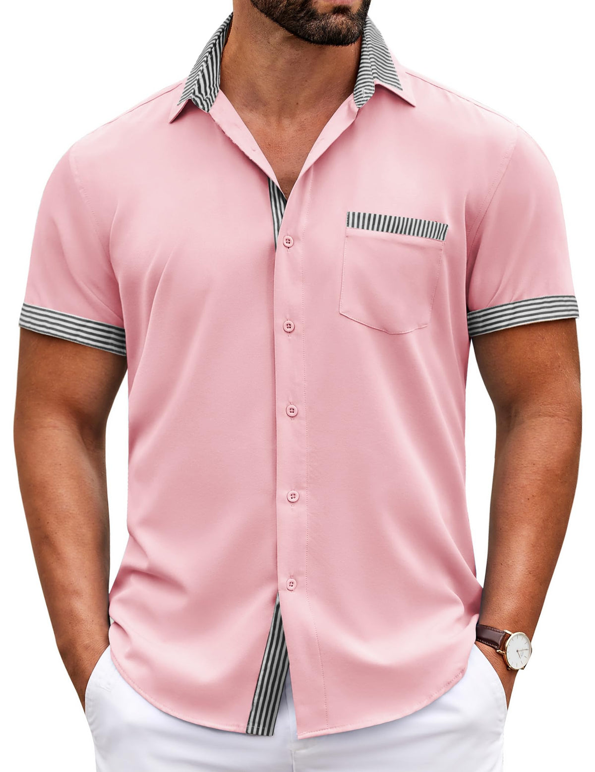 COOFANDY Mens Short Sleeve Button Down Shirts Casual Wrinkle Free Dress Shirt Plaid Collar Summer Shirts