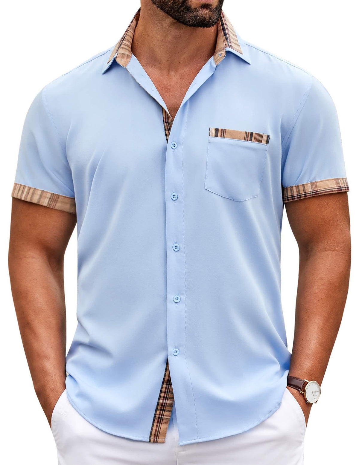 COOFANDY Mens Short Sleeve Button Down Shirts Casual Wrinkle Free Dress Shirt Plaid Collar Summer Shirts