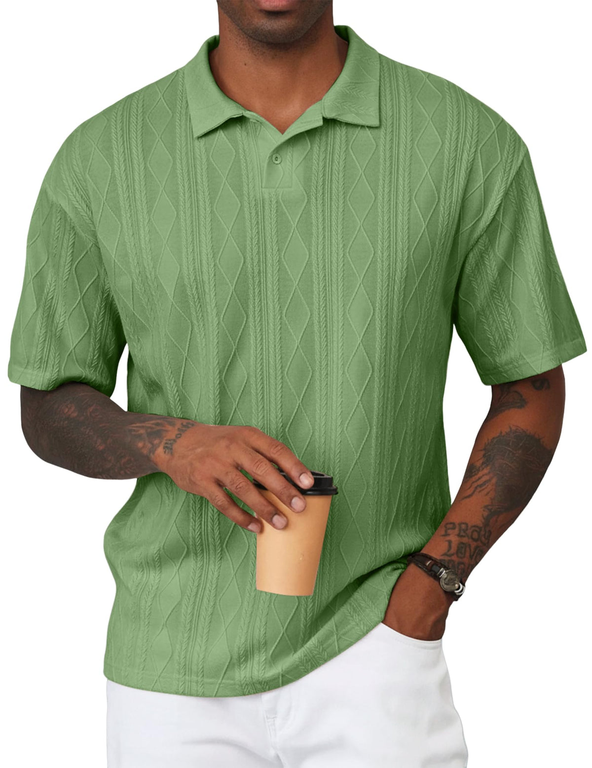 JMIERR Mens Polo Shirt Textured Knit Button Casual Short Sleeve Summer Vacation Beach Stretchy Golf Shirts