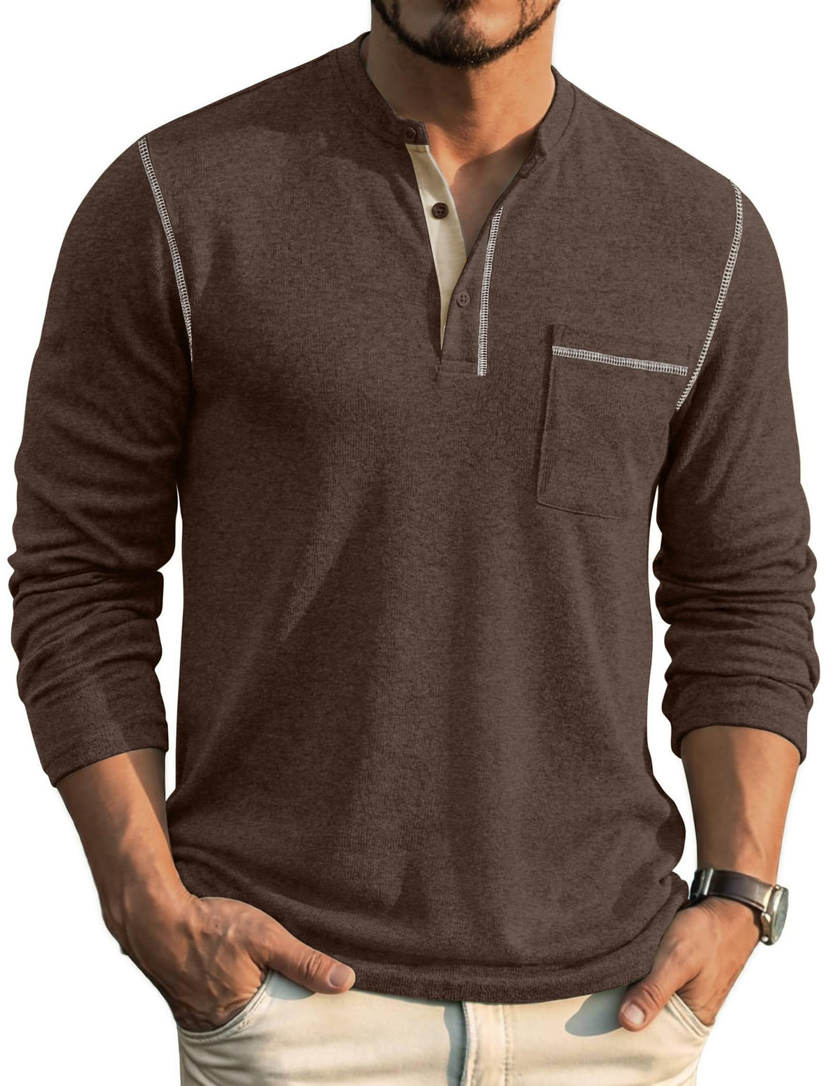 COOFANDY Men's Henley Long Sleeve Shirts Casual Button T-Shirt Pullover Basic Tees with Pocket