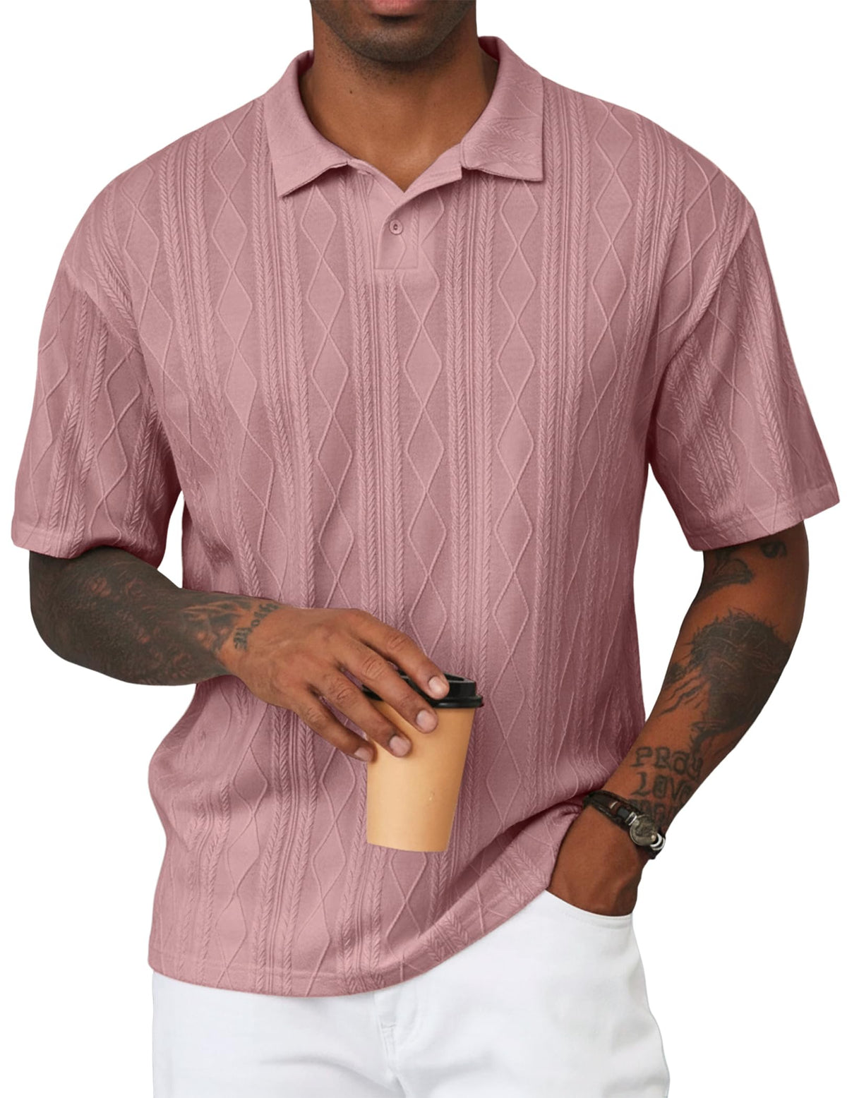 JMIERR Mens Polo Shirt Textured Knit Button Casual Short Sleeve Summer Vacation Beach Stretchy Golf Shirts