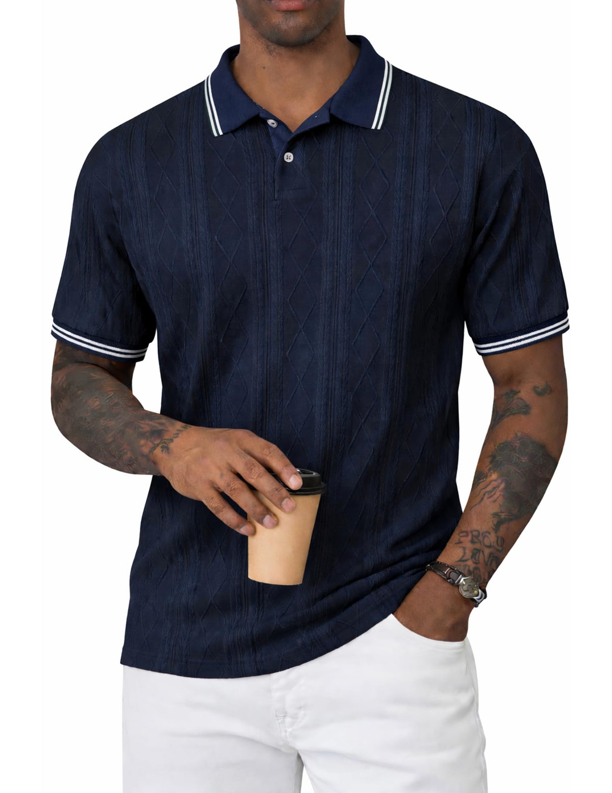 JMIERR Mens Polo Shirt Textured Knit Button Casual Short Sleeve Summer Vacation Beach Stretchy Golf Shirts