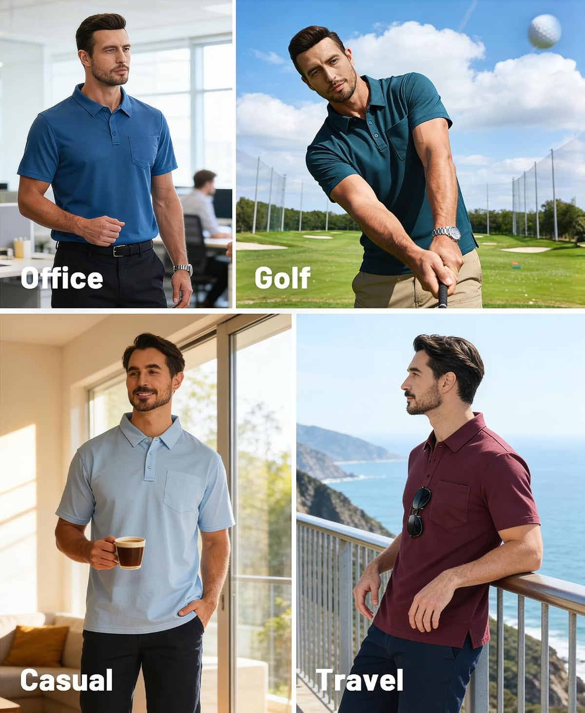 ZITY Men's 3 Pack Polo Shirts Short Sleeve with Pocket Moisture Wicking Casual Work Golf Lightweight Collared T-Shirts