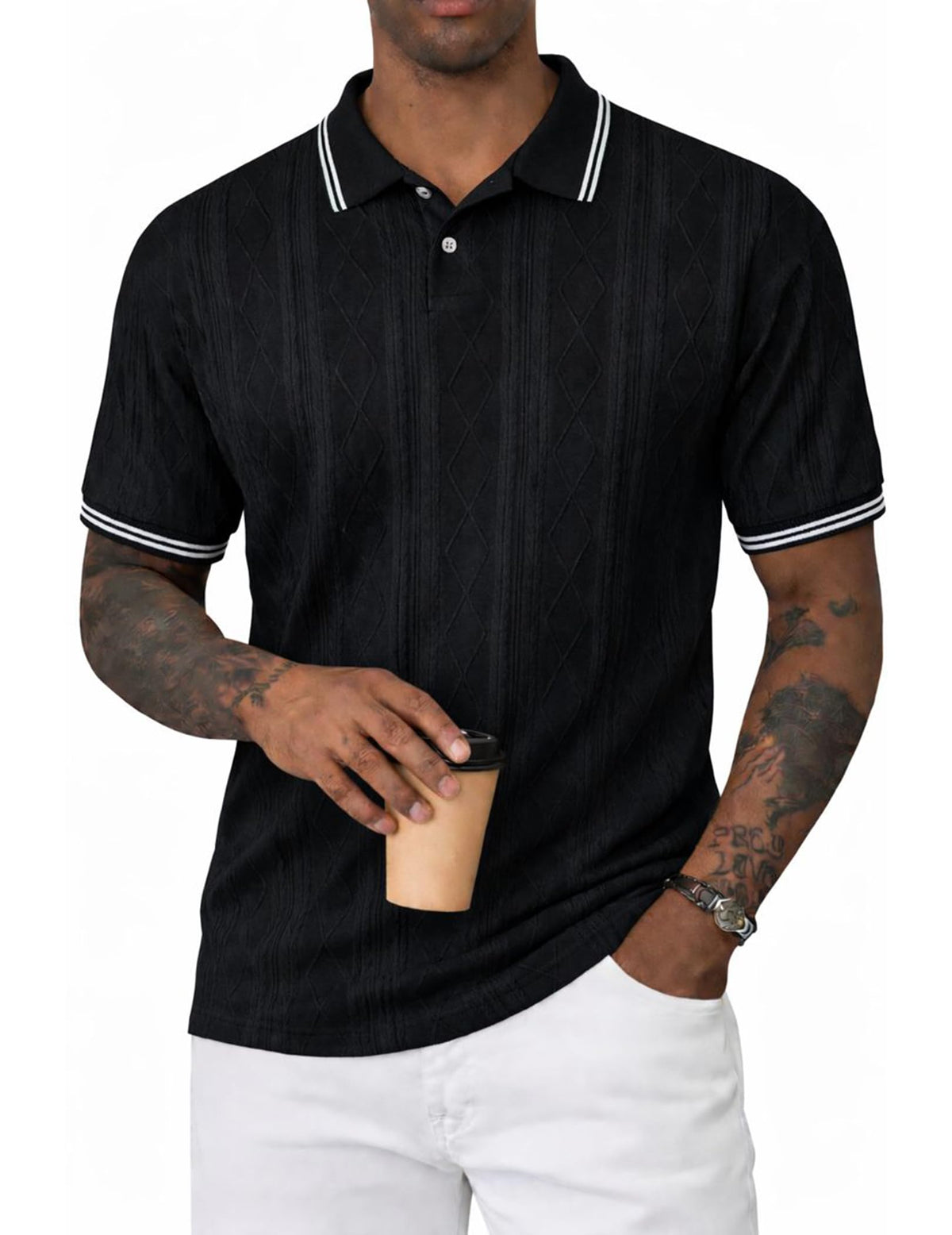 JMIERR Mens Polo Shirt Textured Knit Button Casual Short Sleeve Summer Vacation Beach Stretchy Golf Shirts