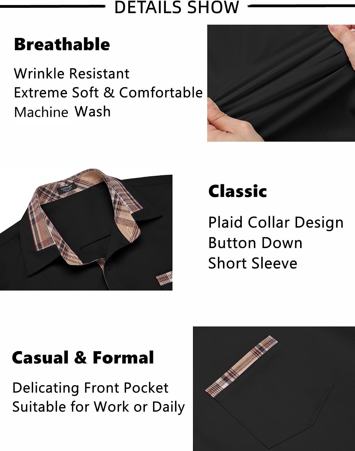 COOFANDY Mens Short Sleeve Button Down Shirts Casual Wrinkle Free Dress Shirt Plaid Collar Summer Shirts