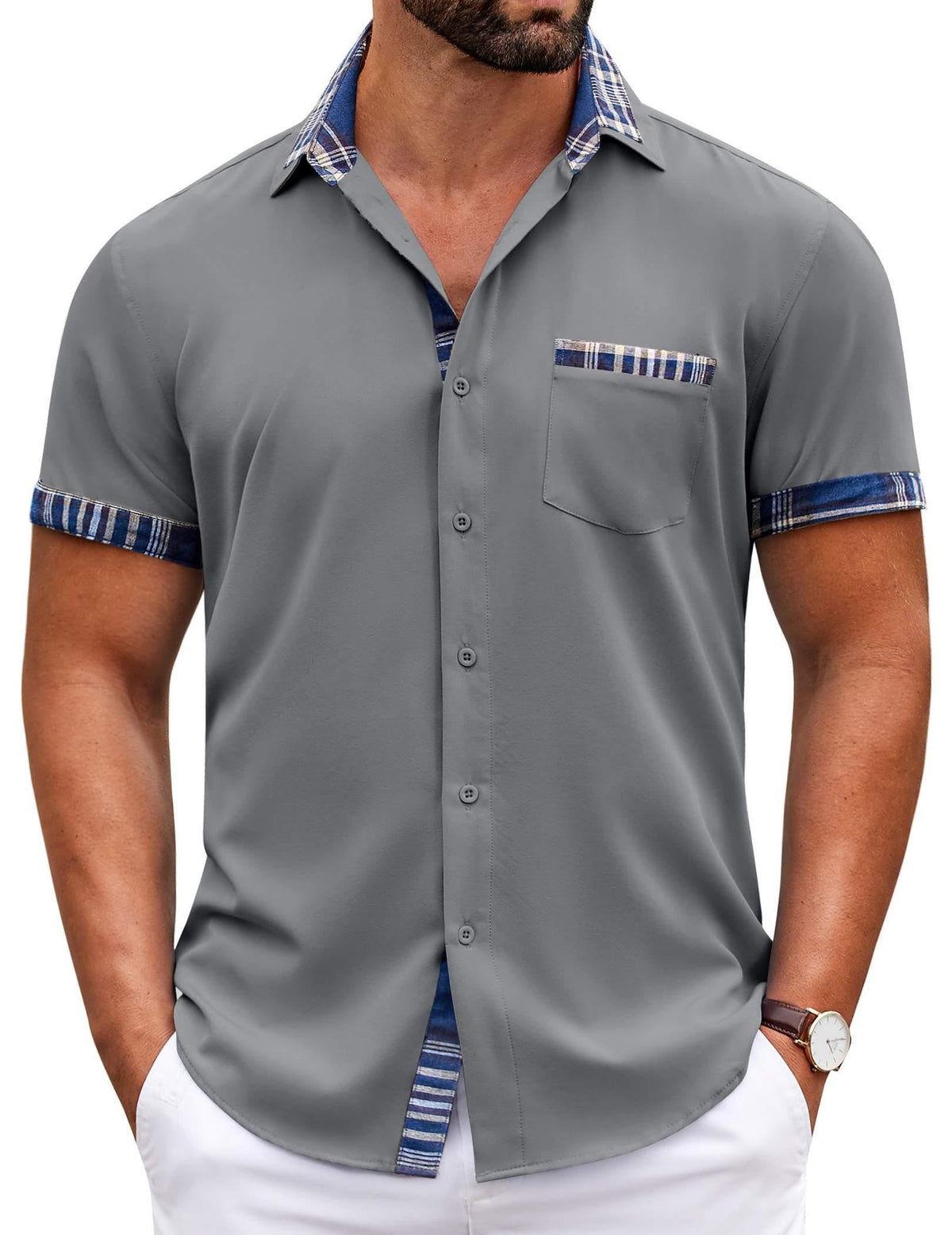 COOFANDY Mens Short Sleeve Button Down Shirts Casual Wrinkle Free Dress Shirt Plaid Collar Summer Shirts