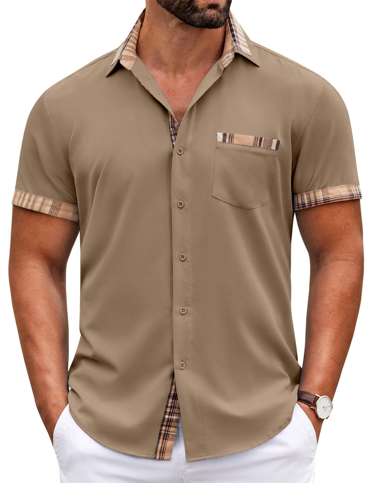 COOFANDY Mens Short Sleeve Button Down Shirts Casual Wrinkle Free Dress Shirt Plaid Collar Summer Shirts