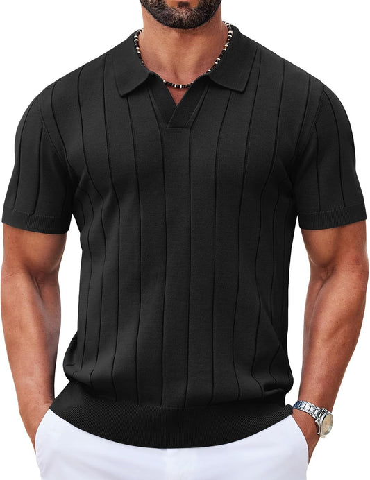 COOFANDY Mens Polo Shirts Short Sleeve V Neck Knit Shirts for Men Casual Old Money Clothes Mens Golf Shirt