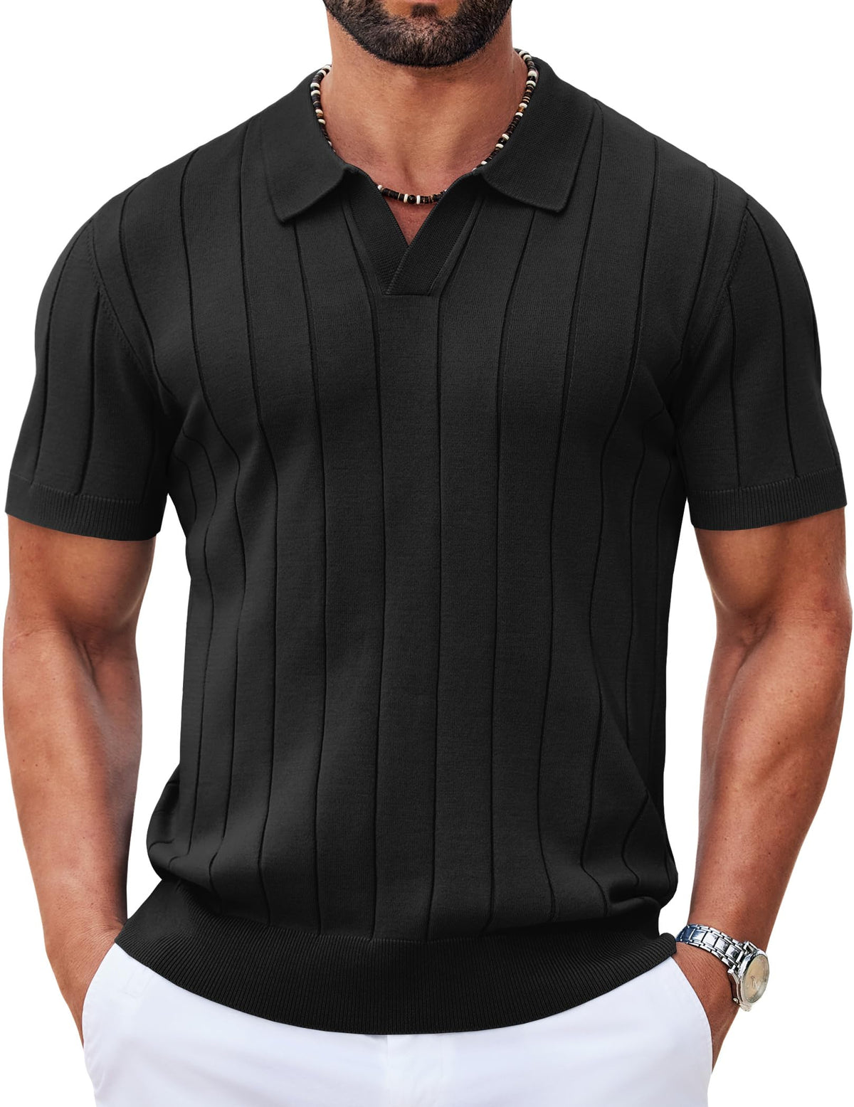 COOFANDY Mens Polo Shirts Short Sleeve V Neck Knit Shirts for Men Casual Old Money Clothes Mens Golf Shirt