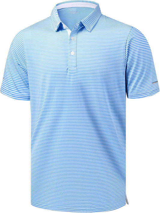Golf Shirts for Men - Dry Fit Moisture Wicking Short Sleeve Performance Sport Casual Striped Collared Mens Polo Shirt