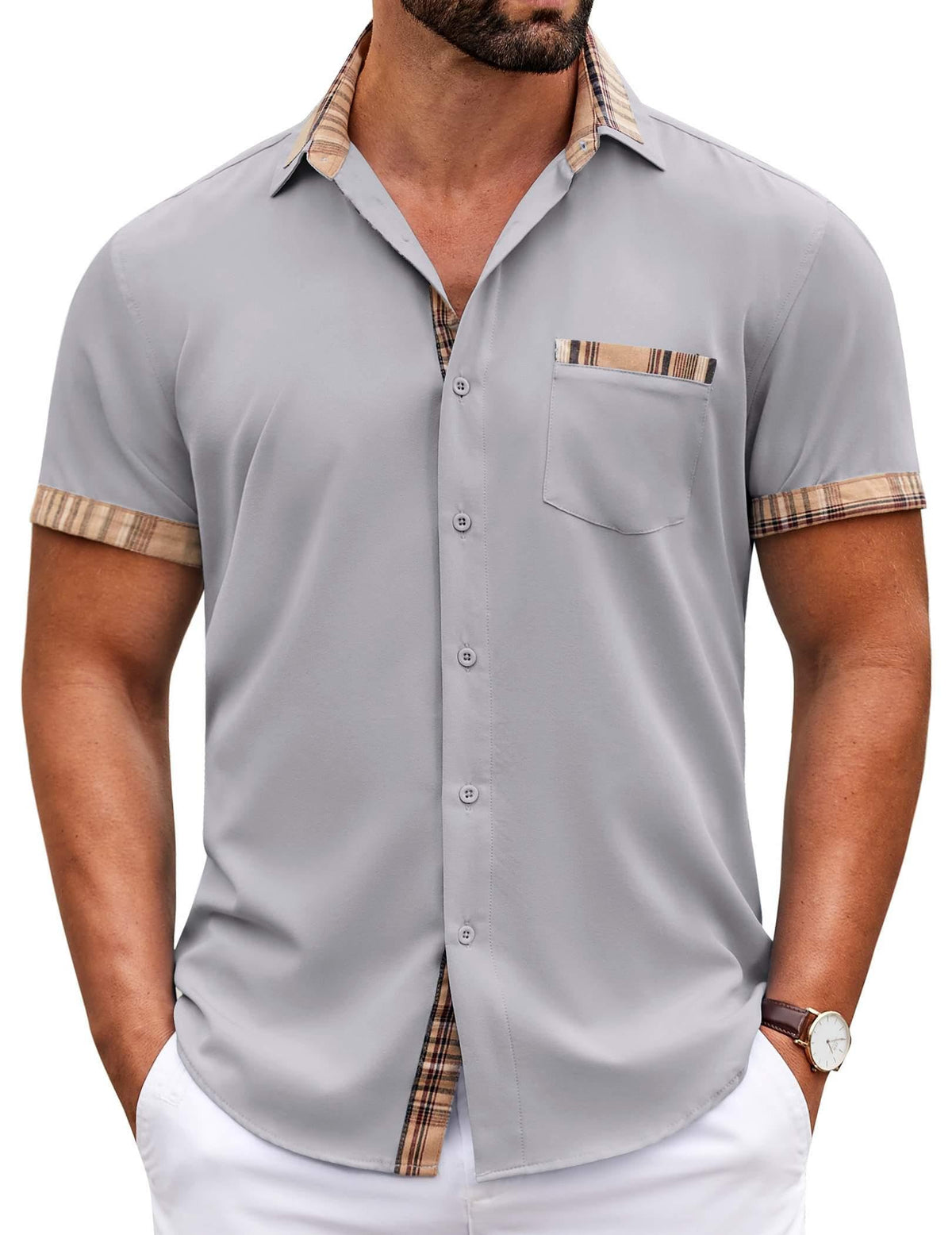 COOFANDY Mens Short Sleeve Button Down Shirts Casual Wrinkle Free Dress Shirt Plaid Collar Summer Shirts