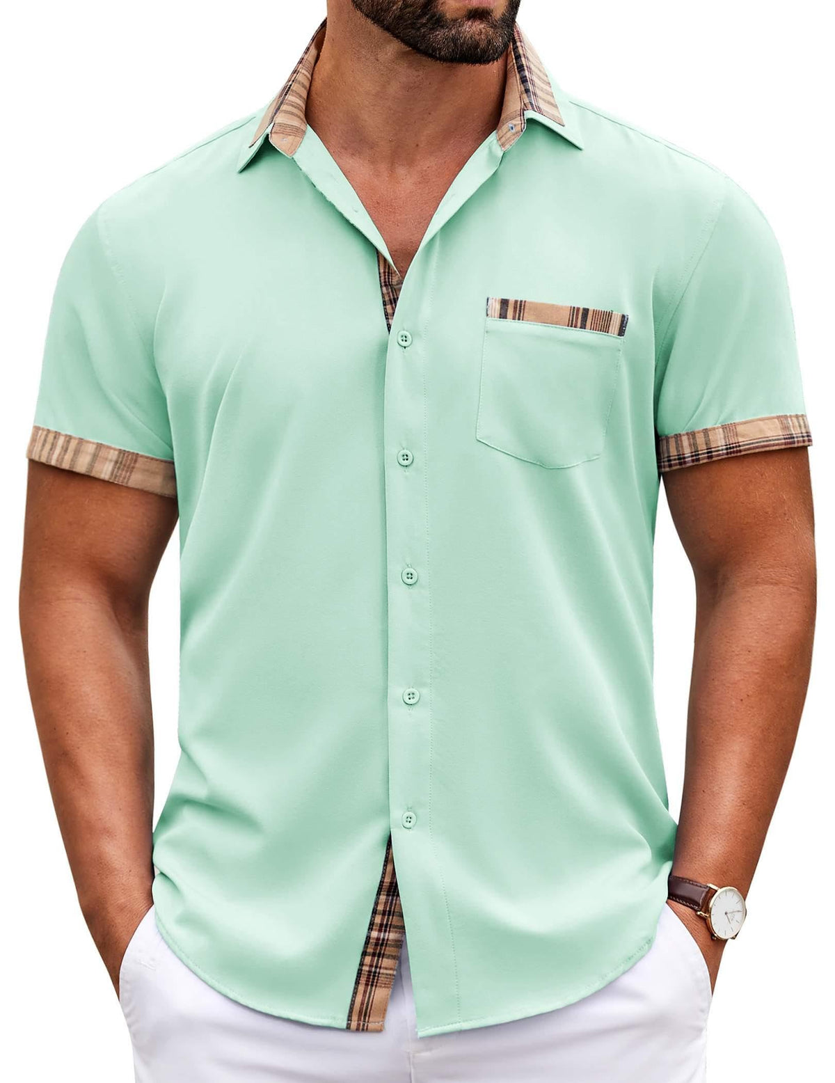 COOFANDY Mens Short Sleeve Button Down Shirts Casual Wrinkle Free Dress Shirt Plaid Collar Summer Shirts
