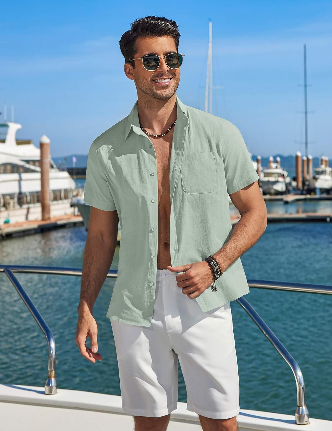 COOFANDY Mens Button Down Shirt Short Sleeve Casual Stylish Cotton Shirts Linen Textured Summer Beach Wedding Shirt
