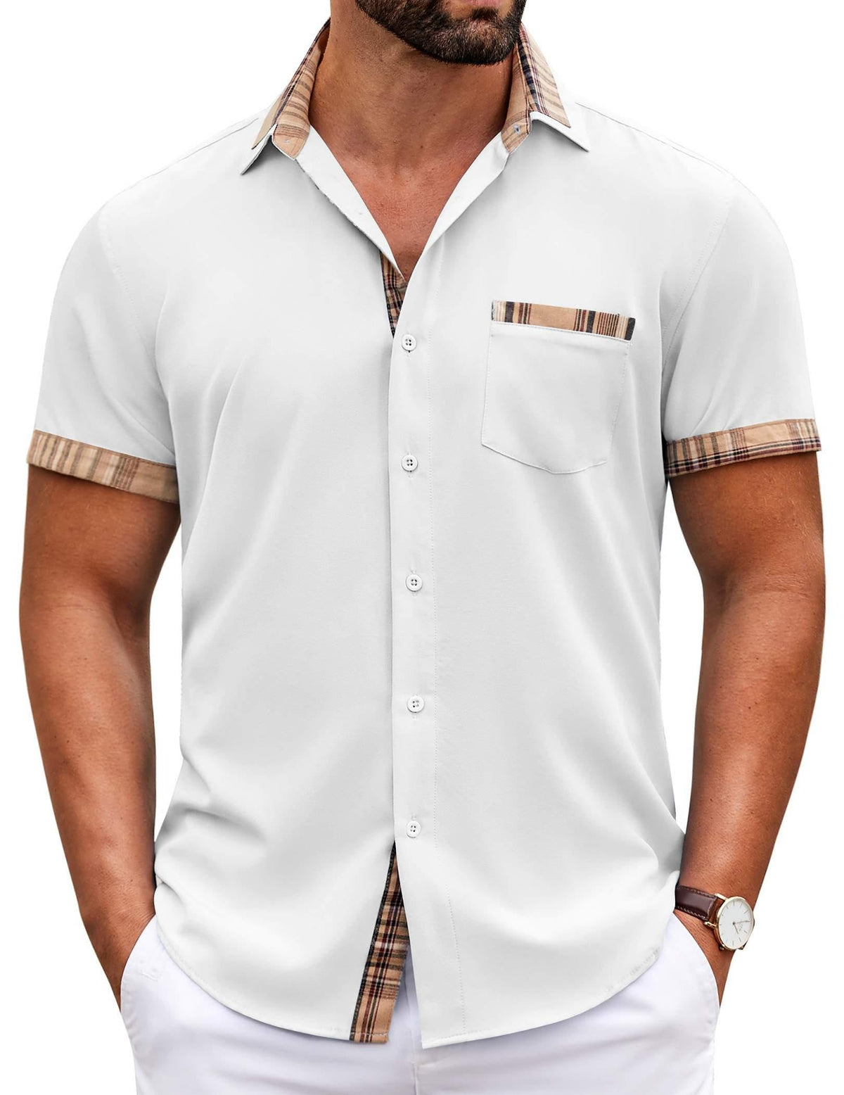 COOFANDY Mens Short Sleeve Button Down Shirts Casual Wrinkle Free Dress Shirt Plaid Collar Summer Shirts