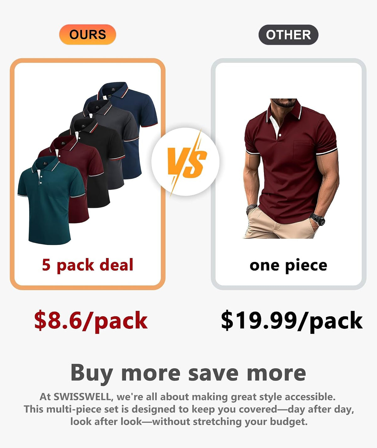 SWISSWELL 5 Pack Mens Polo Shirts Short Sleeve with Pocket Performance Golf Polos for Men Casual Collared Athletic T-Shirt