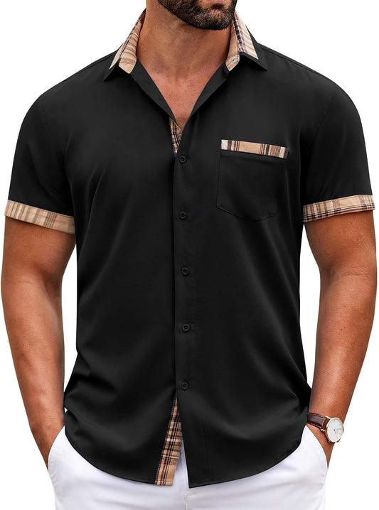 COOFANDY Mens Short Sleeve Button Down Shirts Casual Wrinkle Free Dress Shirt Plaid Collar Summer Shirts