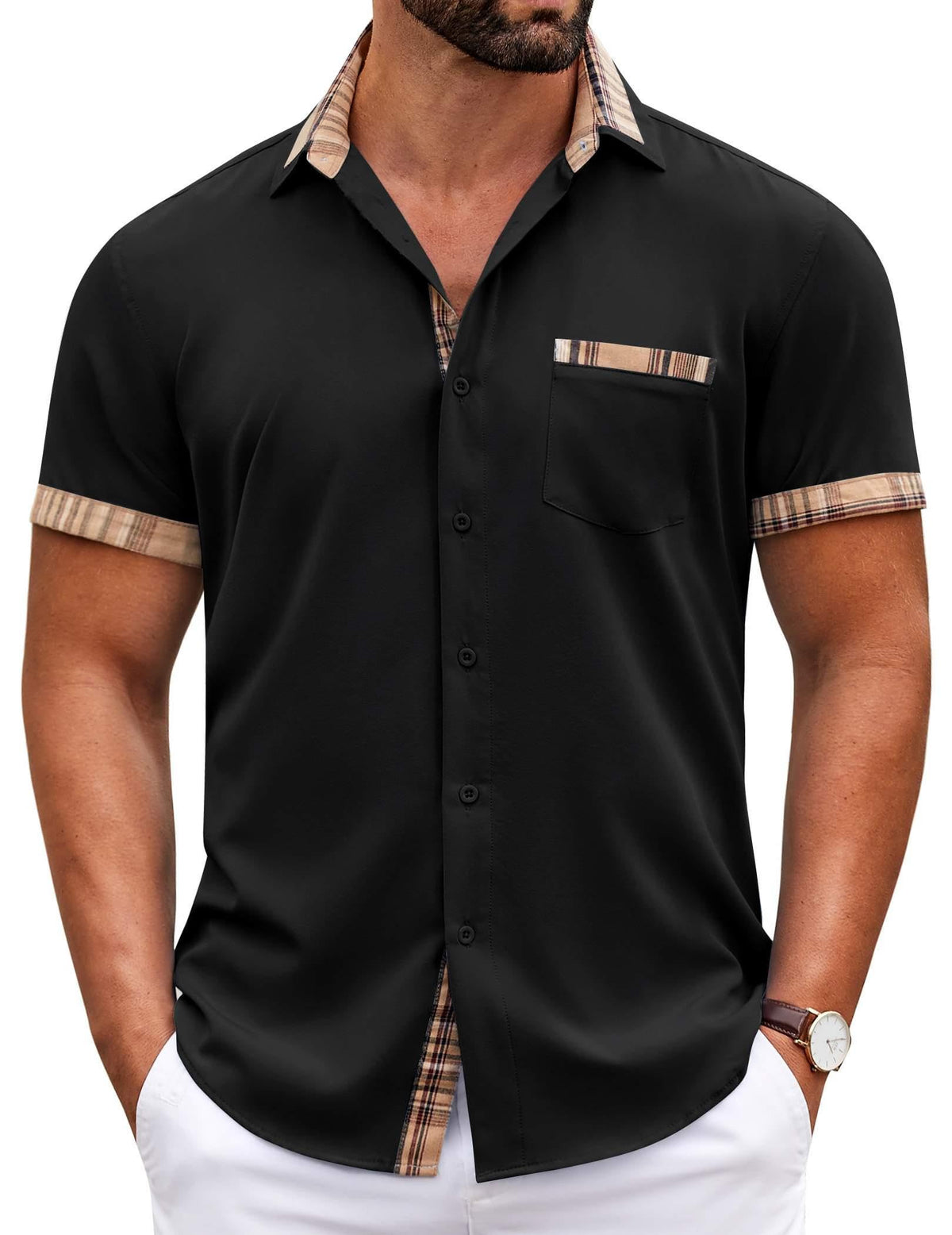 COOFANDY Mens Short Sleeve Button Down Shirts Casual Wrinkle Free Dress Shirt Plaid Collar Summer Shirts