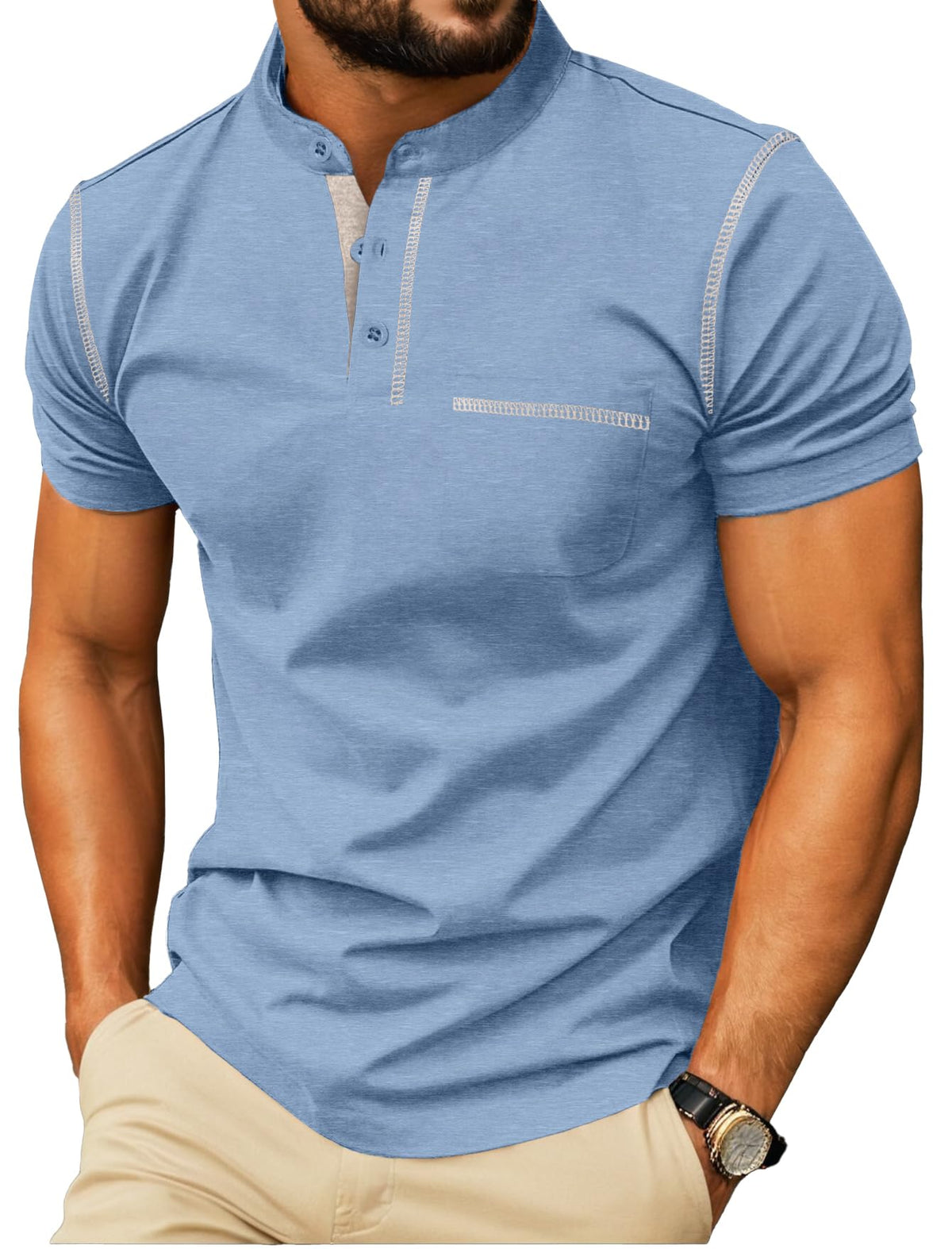 Sailwind Mens Henley Shirts Short Sleeve Summer Casual Classic Cotton T Shirts Pocket Button Shirt