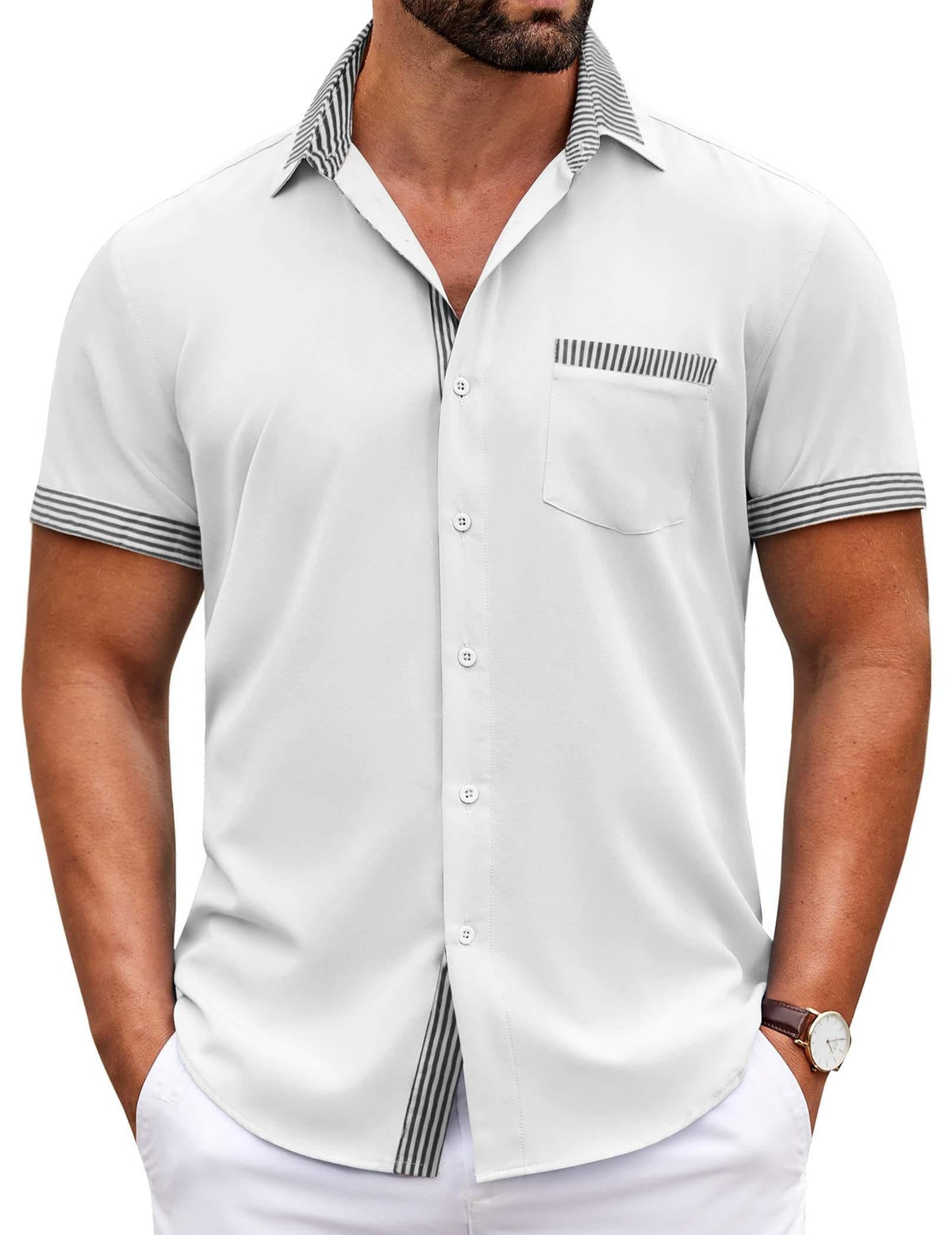 COOFANDY Mens Short Sleeve Button Down Shirts Casual Wrinkle Free Dress Shirt Plaid Collar Summer Shirts