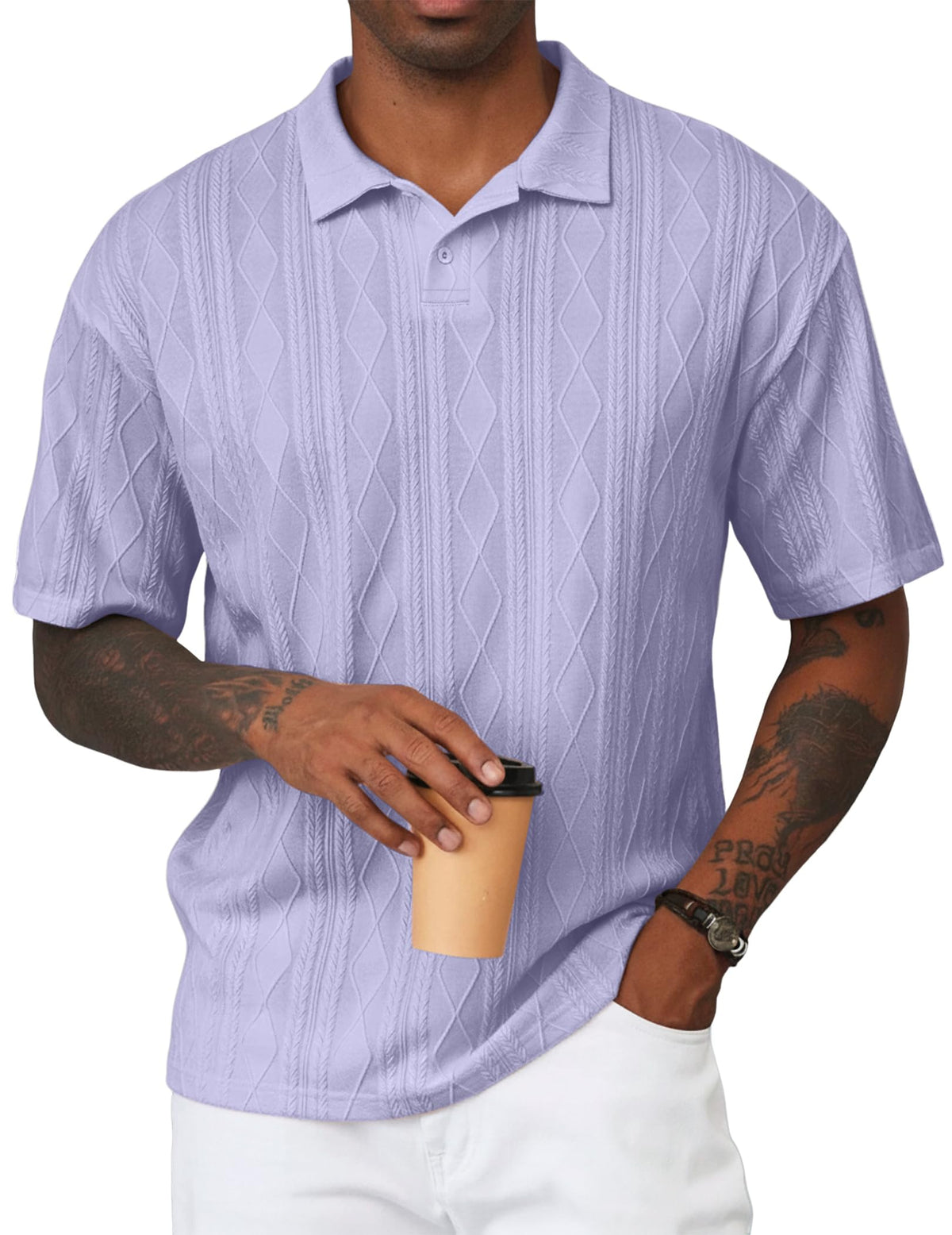 JMIERR Mens Polo Shirt Textured Knit Button Casual Short Sleeve Summer Vacation Beach Stretchy Golf Shirts