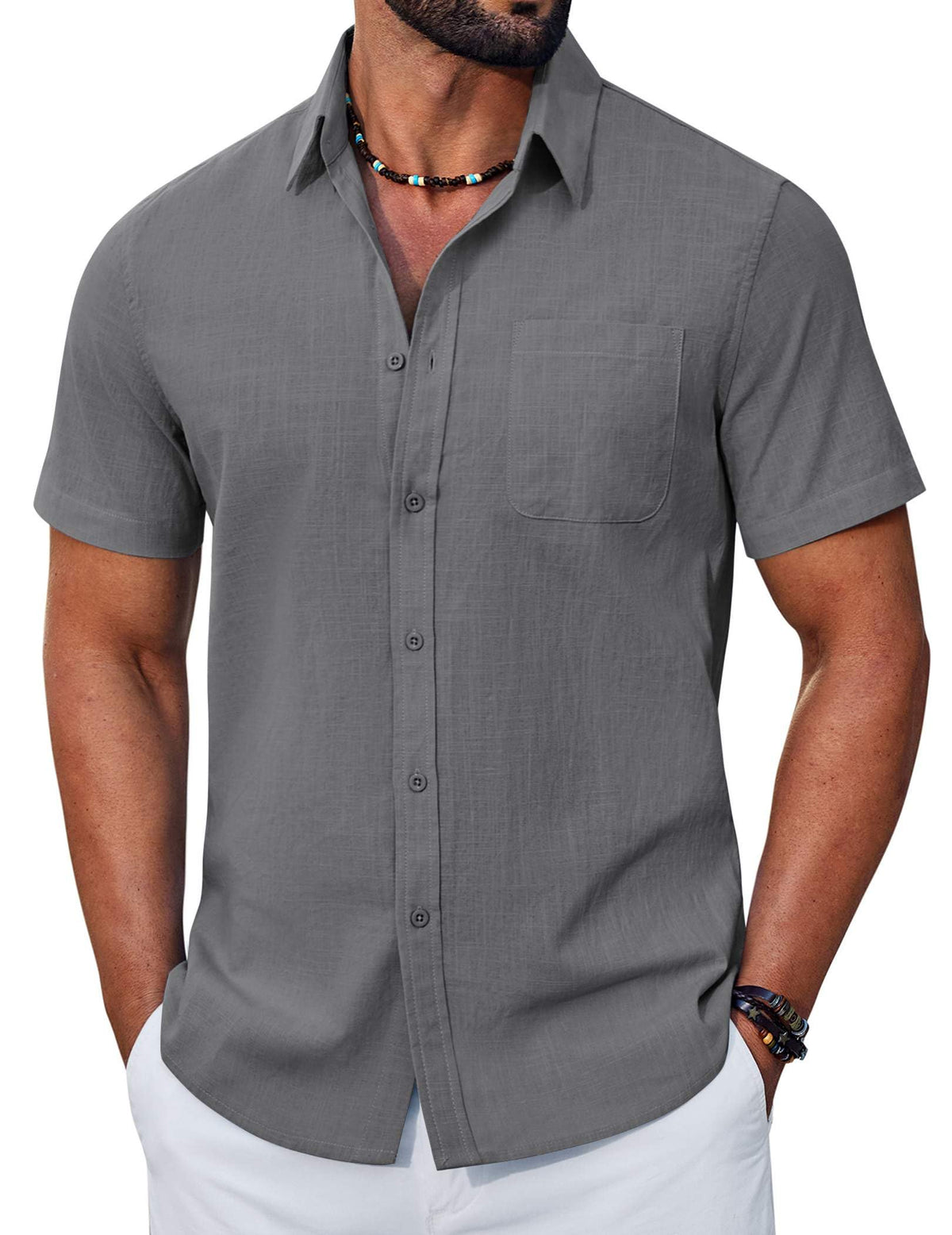 COOFANDY Mens Button Down Shirt Short Sleeve Casual Stylish Cotton Shirts Linen Textured Summer Beach Wedding Shirt