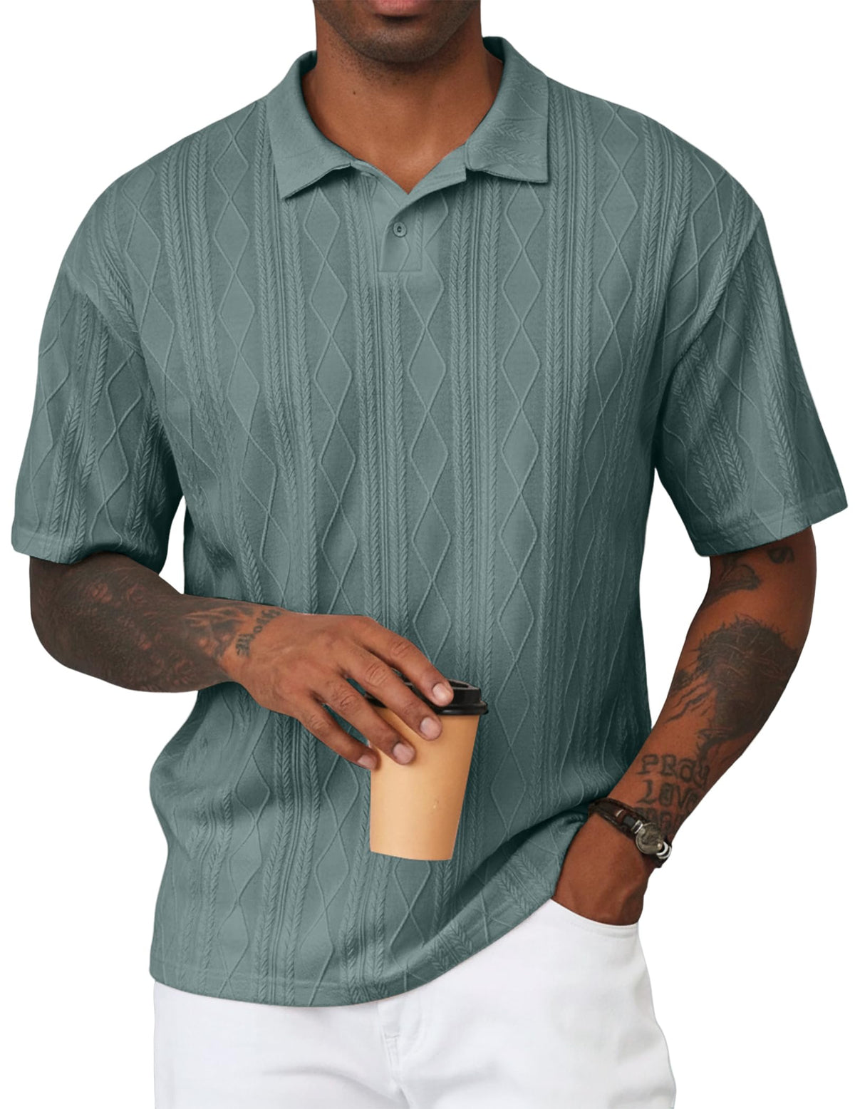 JMIERR Mens Polo Shirt Textured Knit Button Casual Short Sleeve Summer Vacation Beach Stretchy Golf Shirts