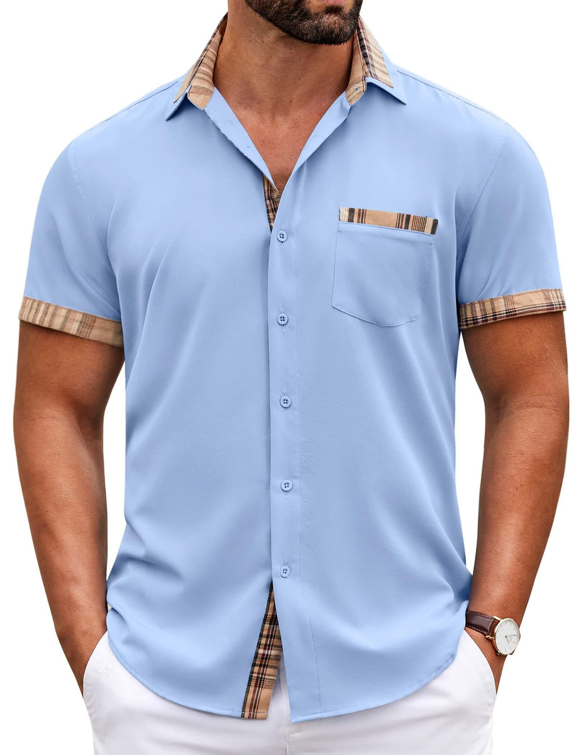 COOFANDY Mens Short Sleeve Button Down Shirts Casual Wrinkle Free Dress Shirt Plaid Collar Summer Shirts