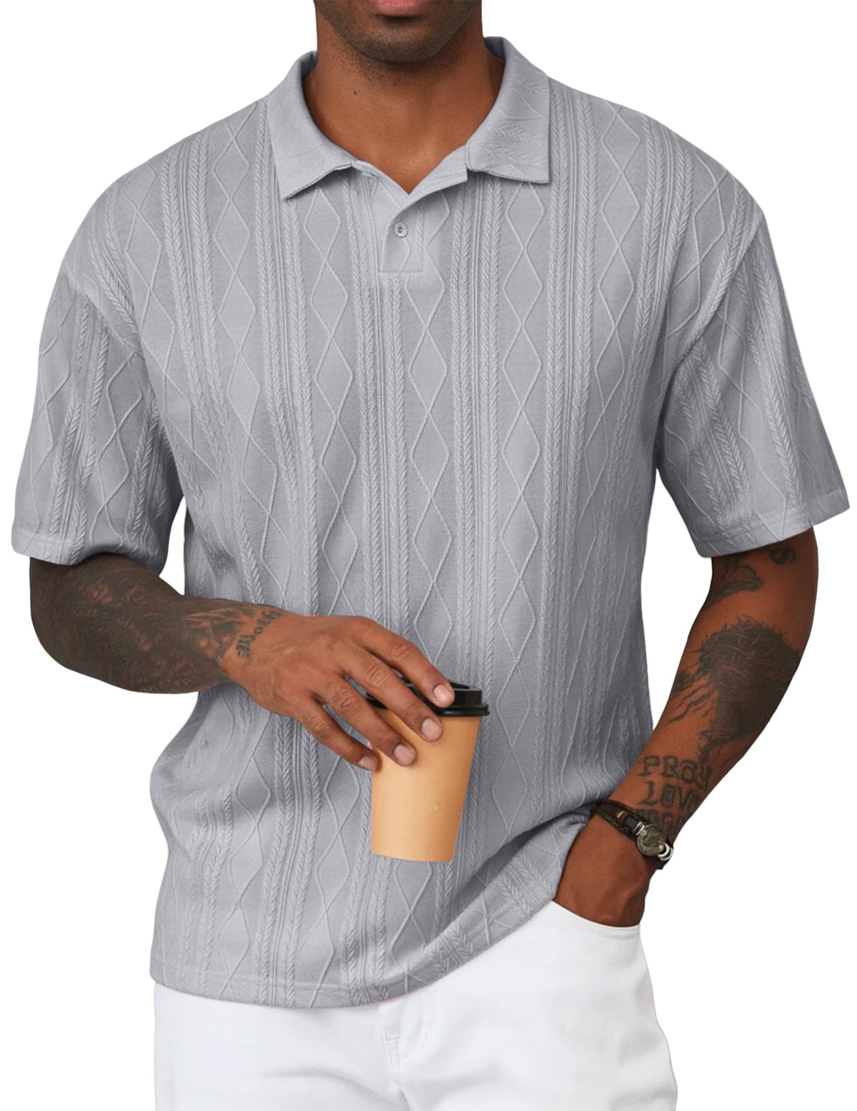 JMIERR Mens Polo Shirt Textured Knit Button Casual Short Sleeve Summer Vacation Beach Stretchy Golf Shirts