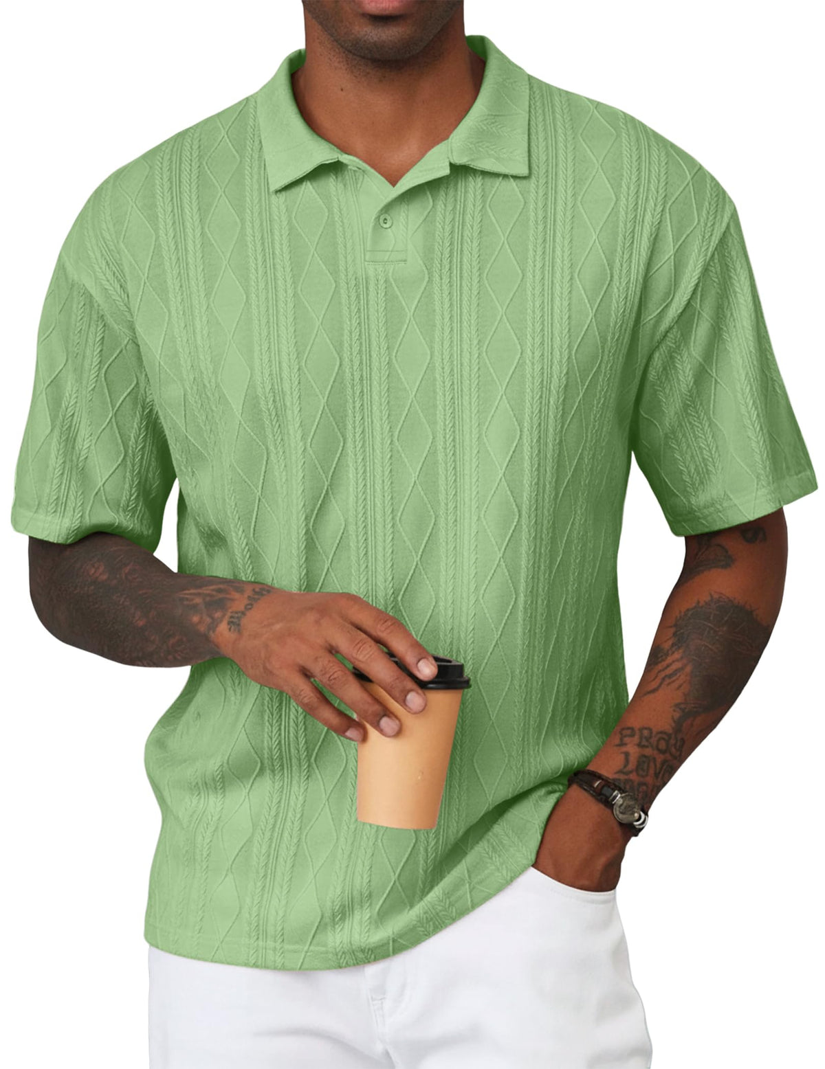 JMIERR Mens Polo Shirt Textured Knit Button Casual Short Sleeve Summer Vacation Beach Stretchy Golf Shirts