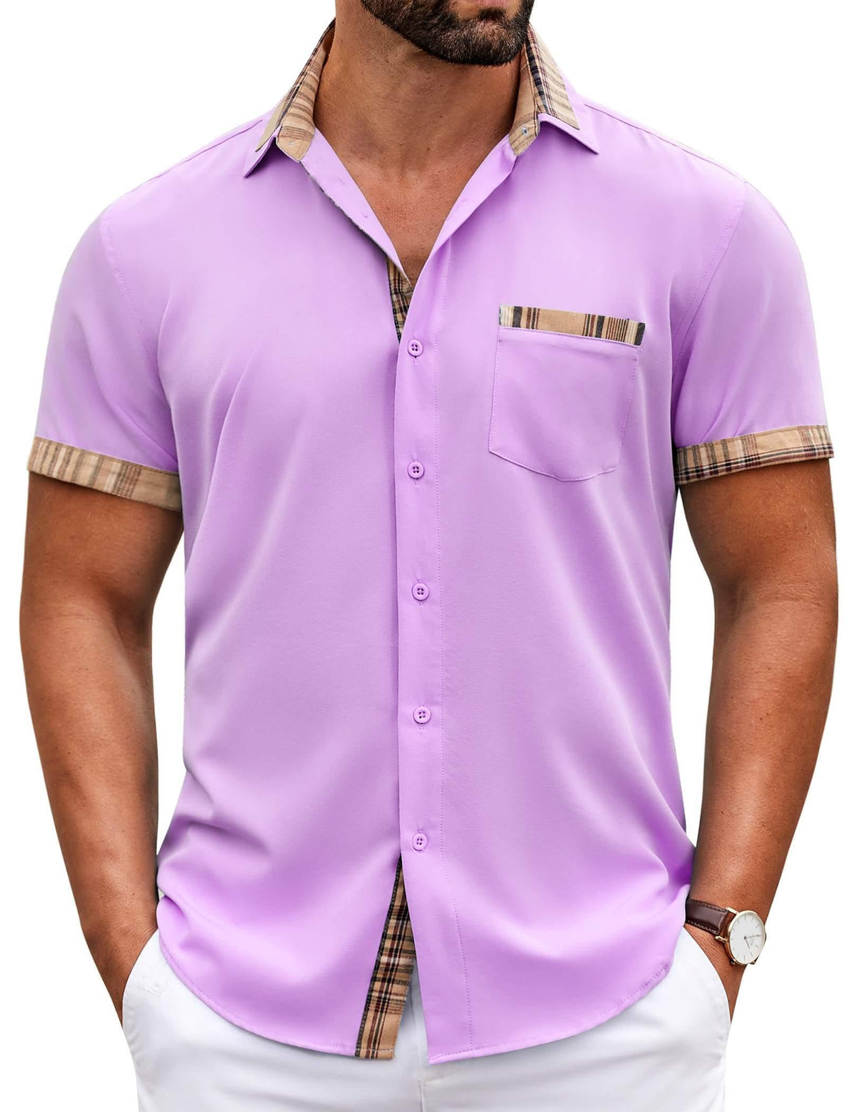 COOFANDY Mens Short Sleeve Button Down Shirts Casual Wrinkle Free Dress Shirt Plaid Collar Summer Shirts