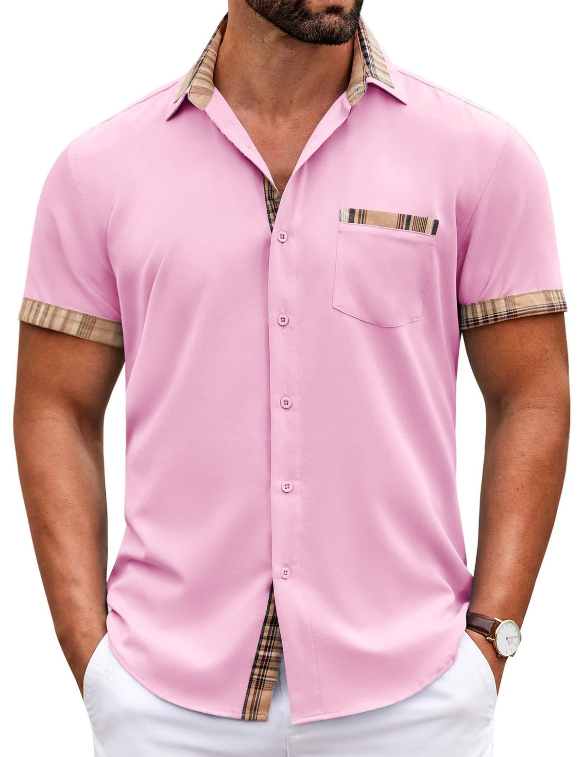 COOFANDY Mens Short Sleeve Button Down Shirts Casual Wrinkle Free Dress Shirt Plaid Collar Summer Shirts
