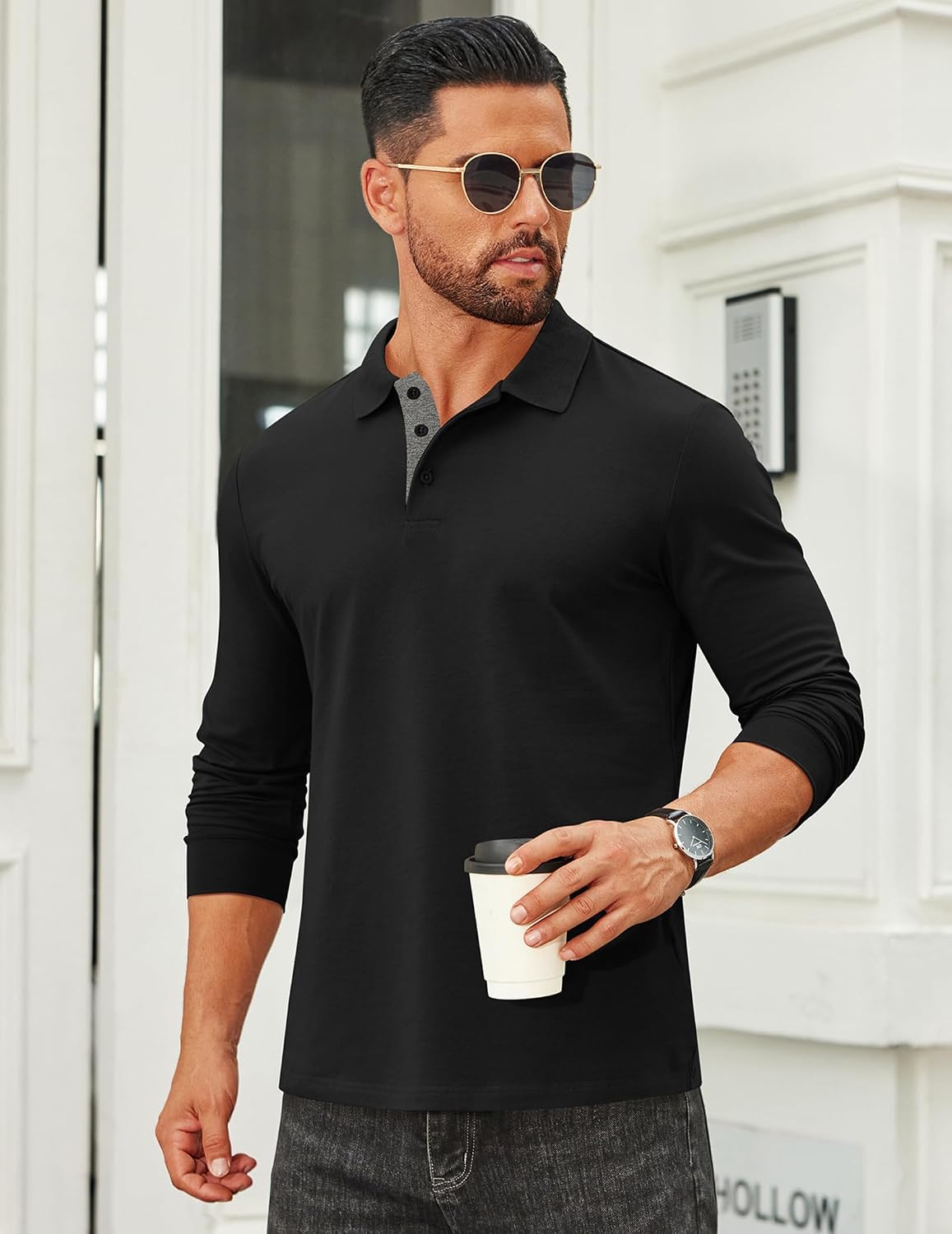 COOFANDY Mens Long Sleeve Polo Shirts Cotton Collared Shirts Casual Business Polo Classic Golf T Shirts
