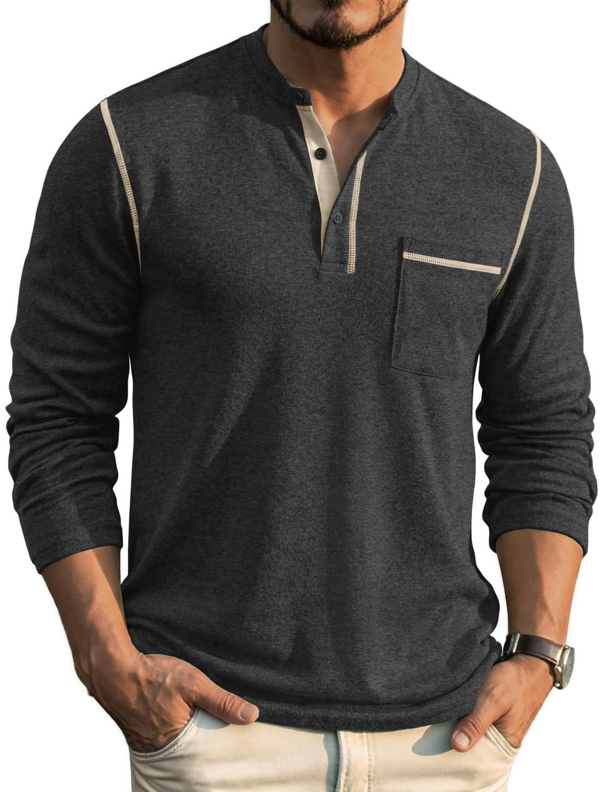 COOFANDY Men's Henley Long Sleeve Shirts Casual Button T-Shirt Pullover Basic Tees with Pocket