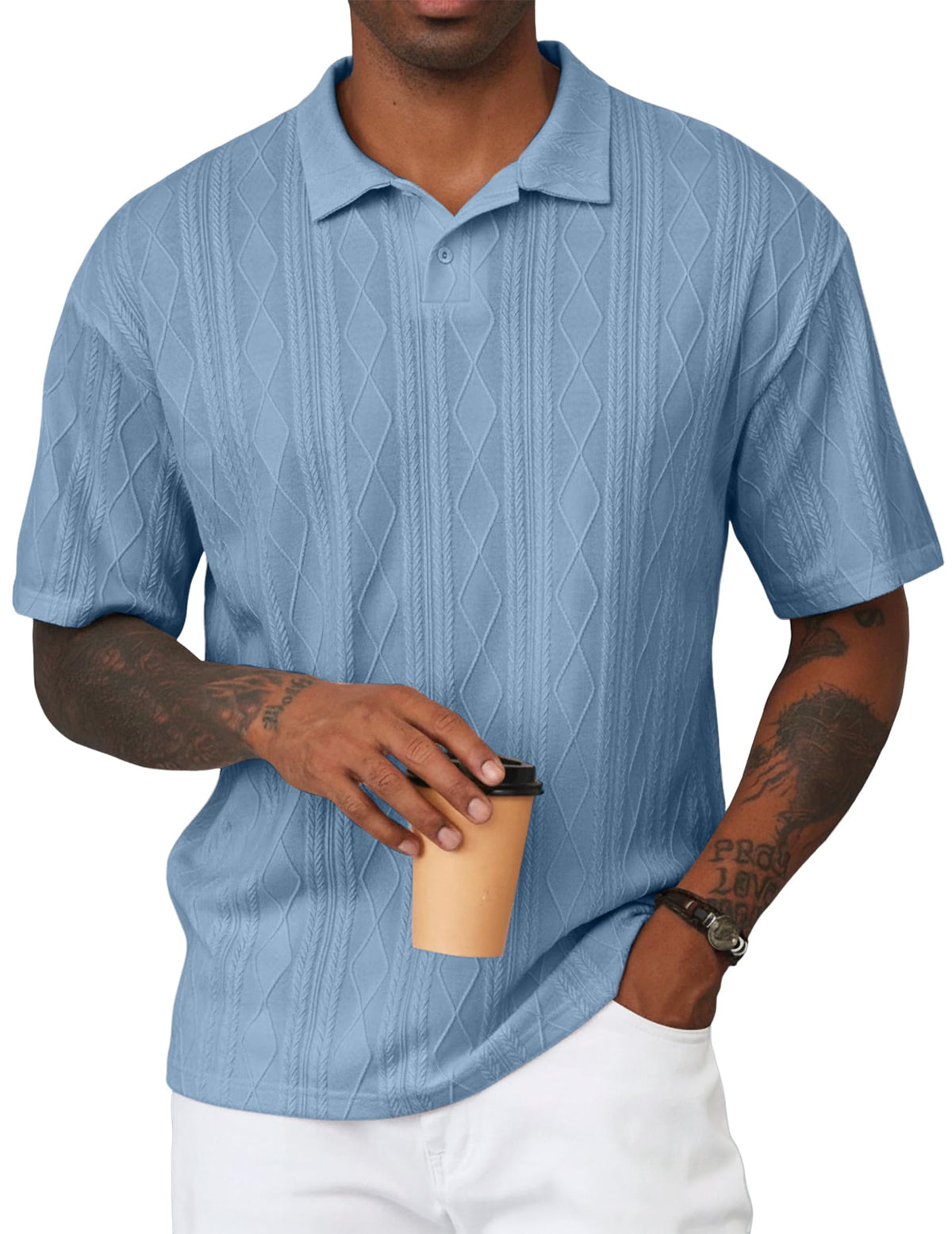 JMIERR Mens Polo Shirt Textured Knit Button Casual Short Sleeve Summer Vacation Beach Stretchy Golf Shirts