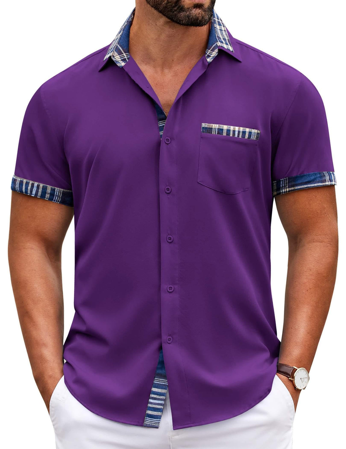 COOFANDY Mens Short Sleeve Button Down Shirts Casual Wrinkle Free Dress Shirt Plaid Collar Summer Shirts