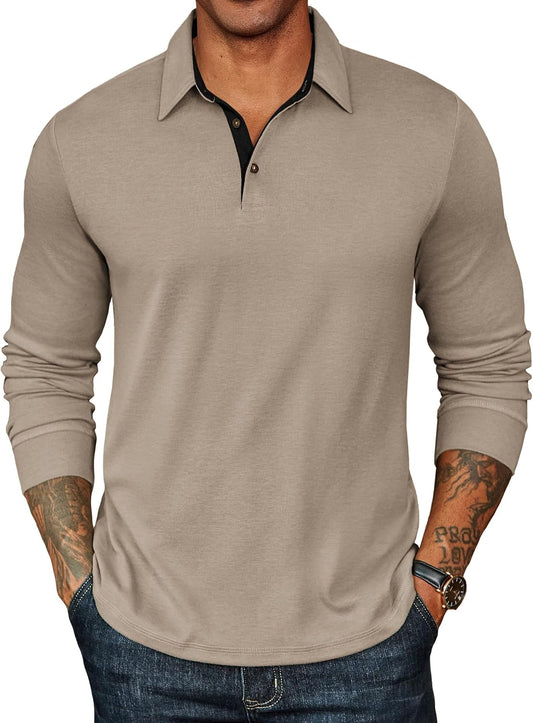 COOFANDY Mens Long Sleeve Polo Shirts Classic Casual Button Polo Tee
