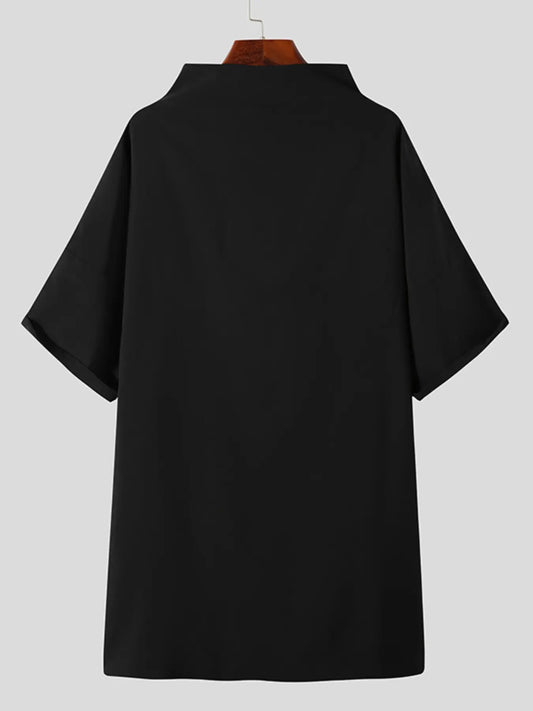 INCERUN Men's Fashion Solid Color Plain Long Casual Shirt, Half Sleeve Side Button Design, Transparent Shirt, Daily Wear, Fitted Style, Top
