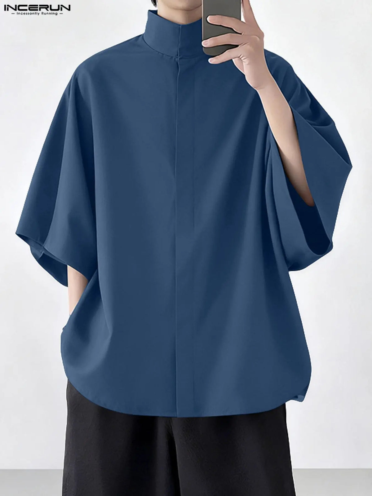 INCERUN Men's Plain Half Sleeve Hoodie, Casual Loose-Fitting Long Shirt, H Type Silhouette, Perfect for Early Autumn Fashion