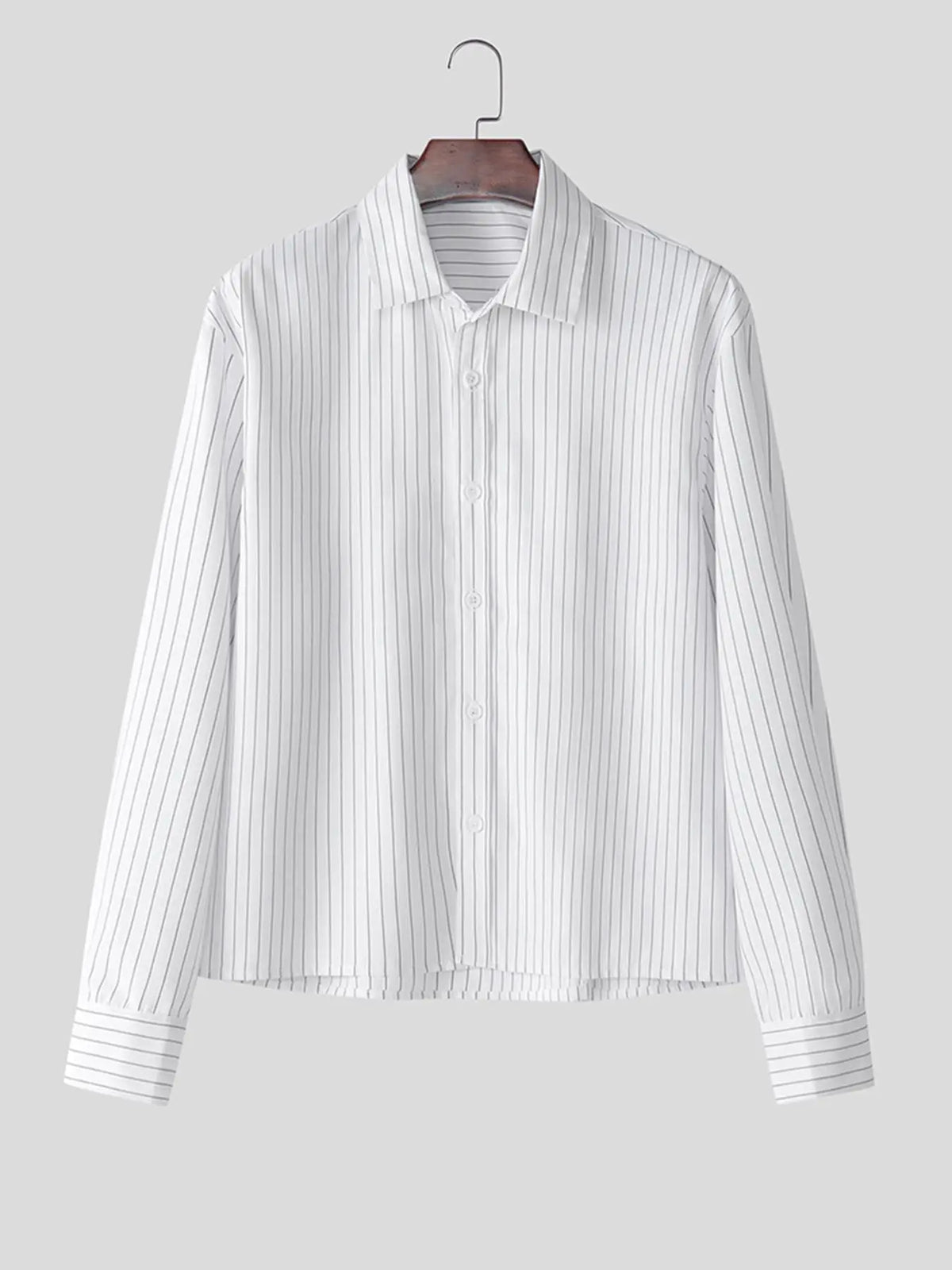 Men's Striped Print Long Sleeve Crop Shirt, Casual Striped Design, Casual Party Shirt, High Stretch Casual Comfy Button Front Neckline Collared Top for Daily Wear, Men's Clothes for All Seasons, Casual Summer Shirt, Vintage Clothing, Casual Button Shirts
