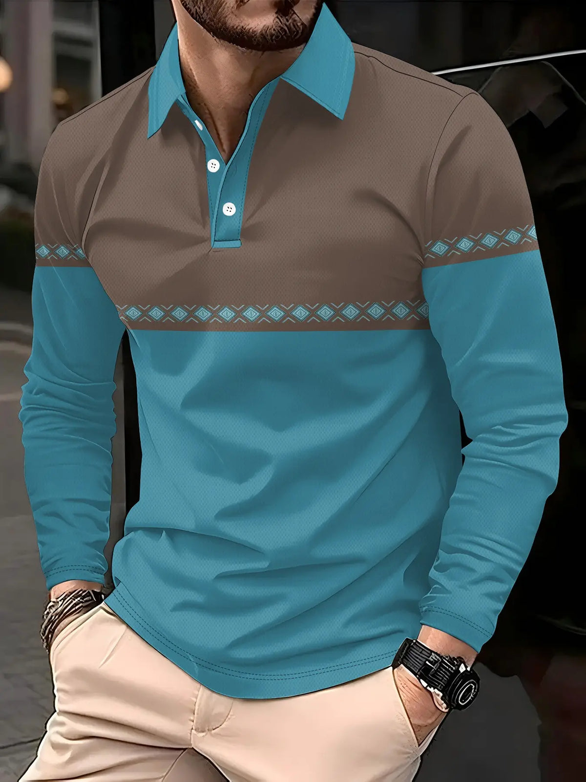 Men's Long Sleeve Knitted Polo Shirt, Casual Polo Shirts, Colorblock Knitwear, Casual Fashion Top, Trendy Contrast Design, Slim-Fitting, All Seasons