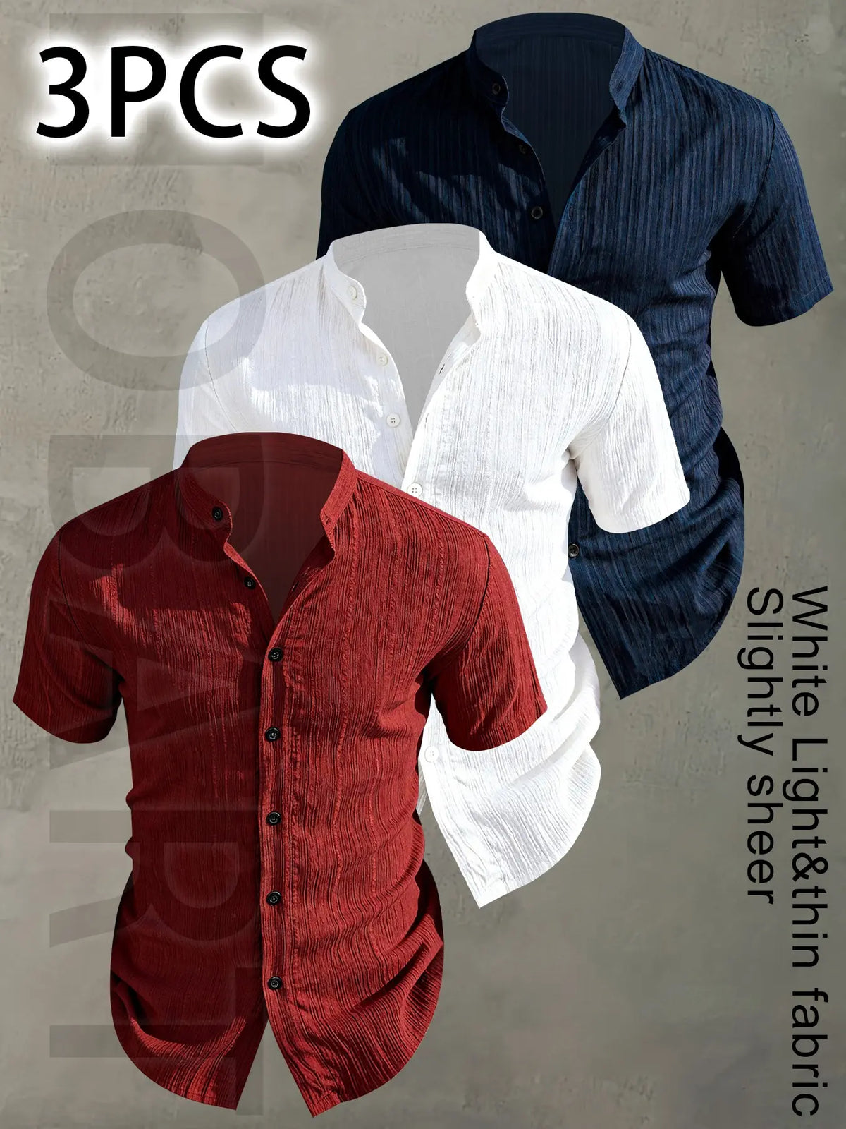 3pcs Set Men's Summer Short Sleeve - Lightweight Breathable Plain Color Button-Up Casual Shirt with Stand Collar, Low-cut collar designr Beach Vacation, Pool Party & Casual Attire, Beach Shirt, Collared Fitted Shirt, gift for husband