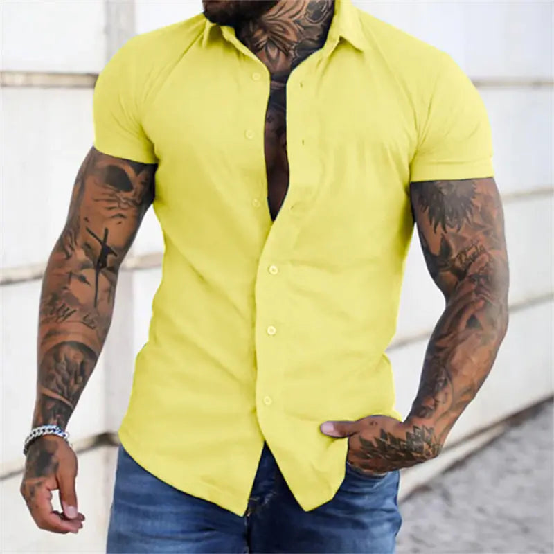 Men's Muscle Fit Short-Sleeve Collared Neck Dress Shirt - Plain, Wrinkle-Free Retro Tribal Button-Down Top, Casual Menswear Cardigan-Inspired Shirt