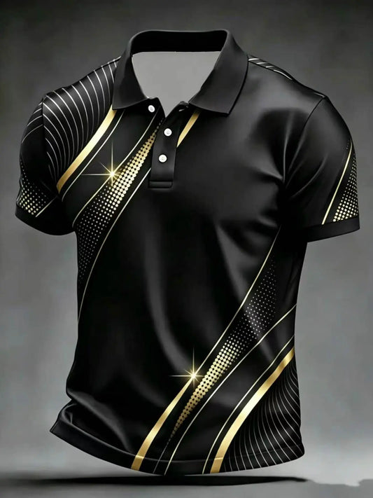 Abstract Print Men's Polo Shirt, Printed Polo Shirts, Short Sleeve Slim-Fit Top, Graphic Pattern, Unlined, Plain Surface, Made in Mainland China